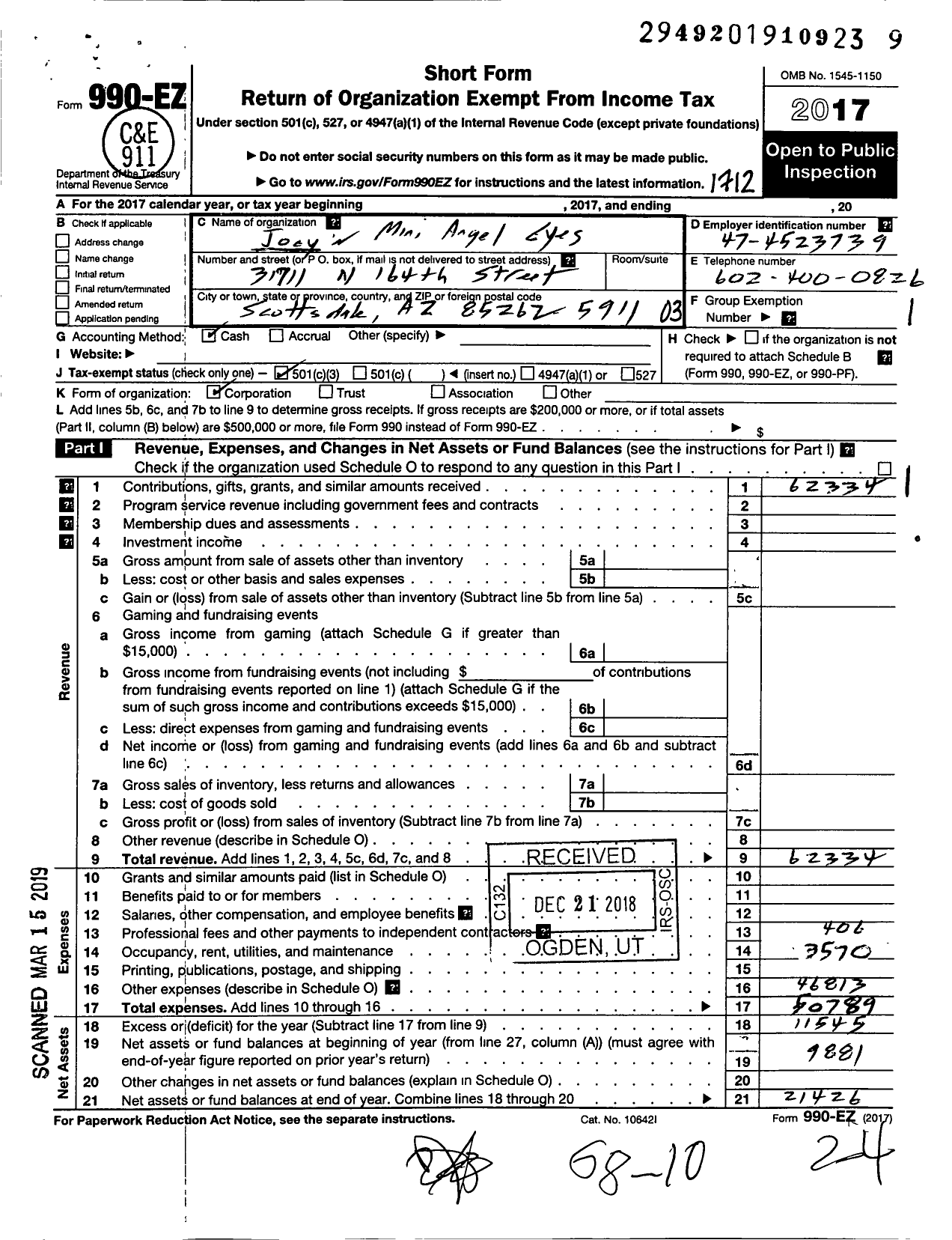 Image of first page of 2017 Form 990EZ for Joey S Mini Angel Eyes