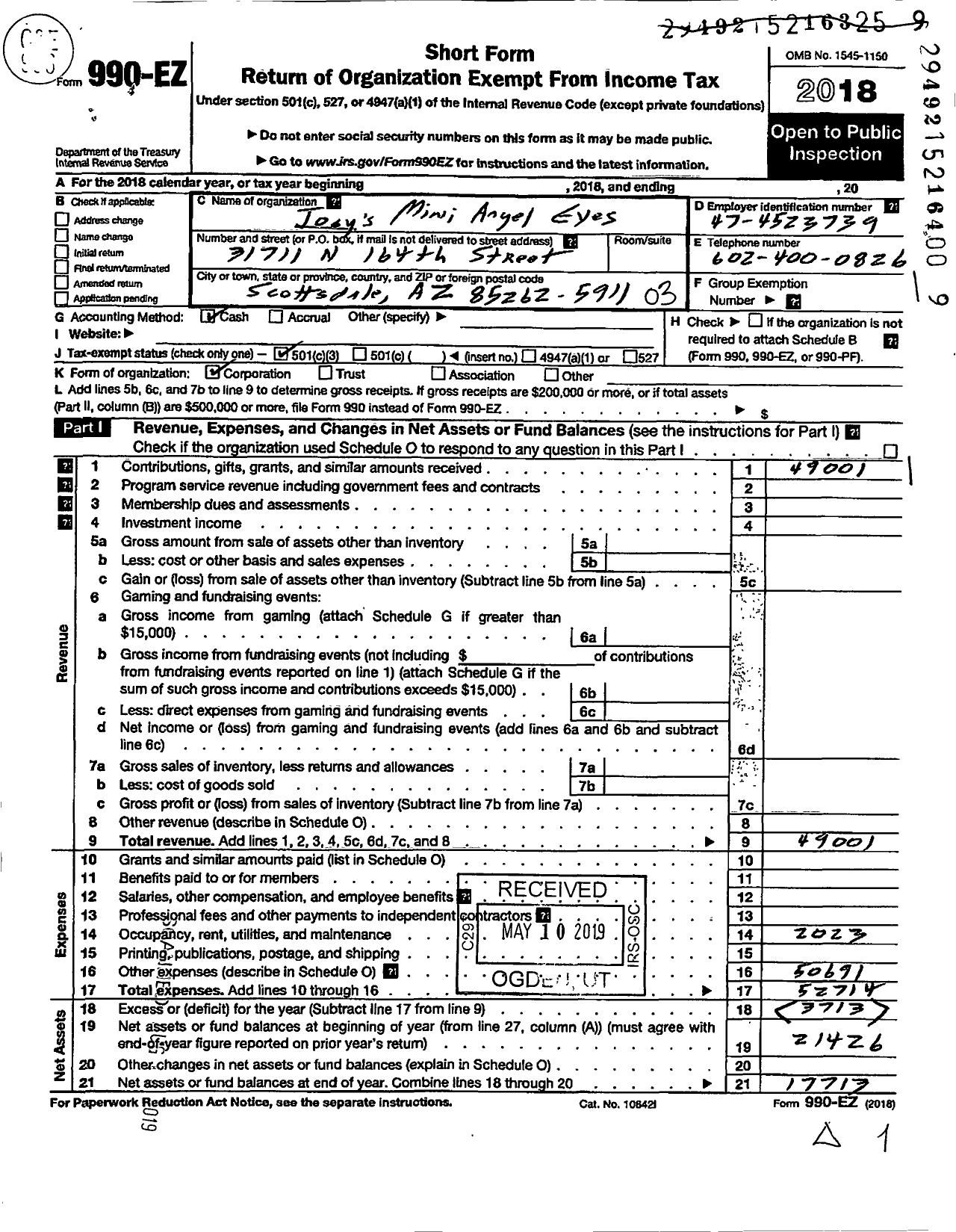 Image of first page of 2018 Form 990EZ for Joey S Mini Angel Eyes