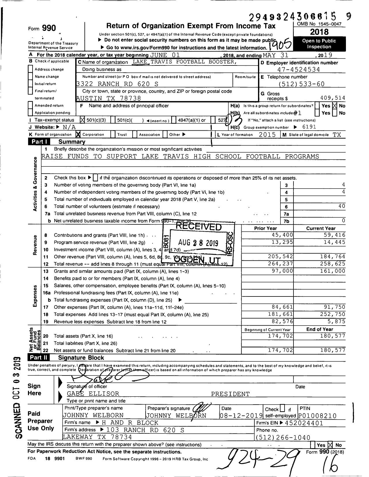 Image of first page of 2018 Form 990 for Lake Travis Football Booster Club