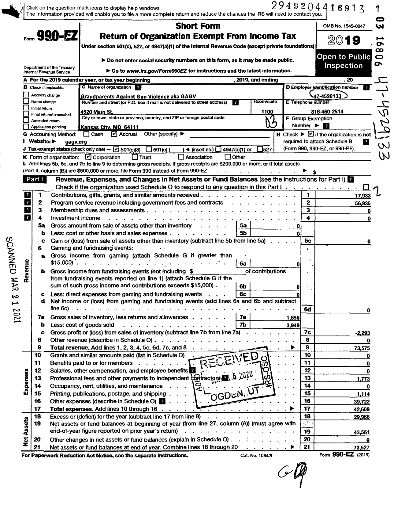 Image of first page of 2019 Form 990EZ for Grandparents for Gun Safety