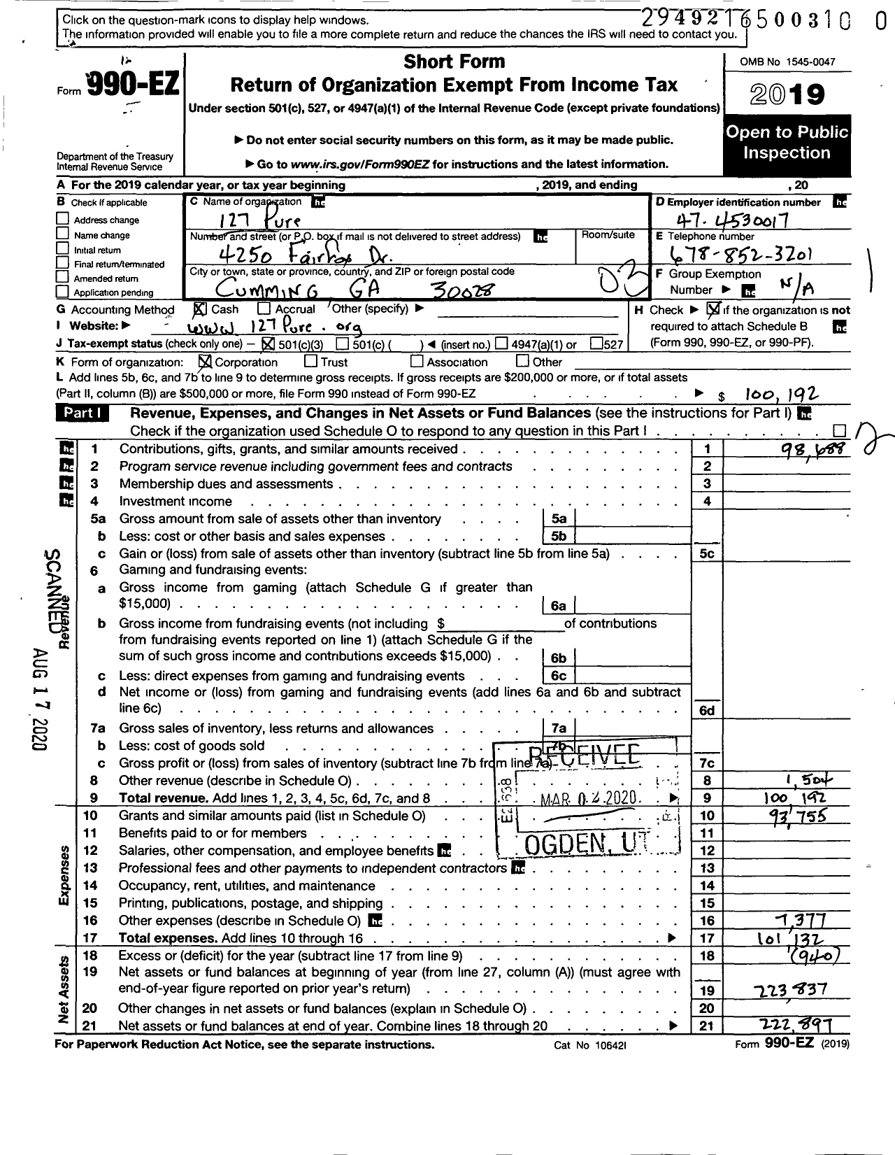 Image of first page of 2019 Form 990EZ for 127 Pure