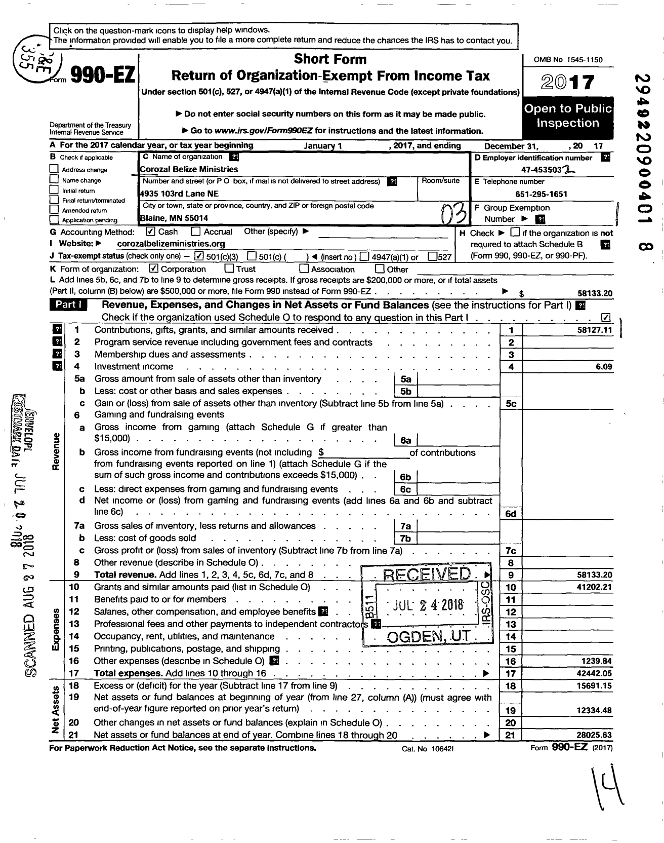 Image of first page of 2017 Form 990EZ for Corozal Belize Ministries