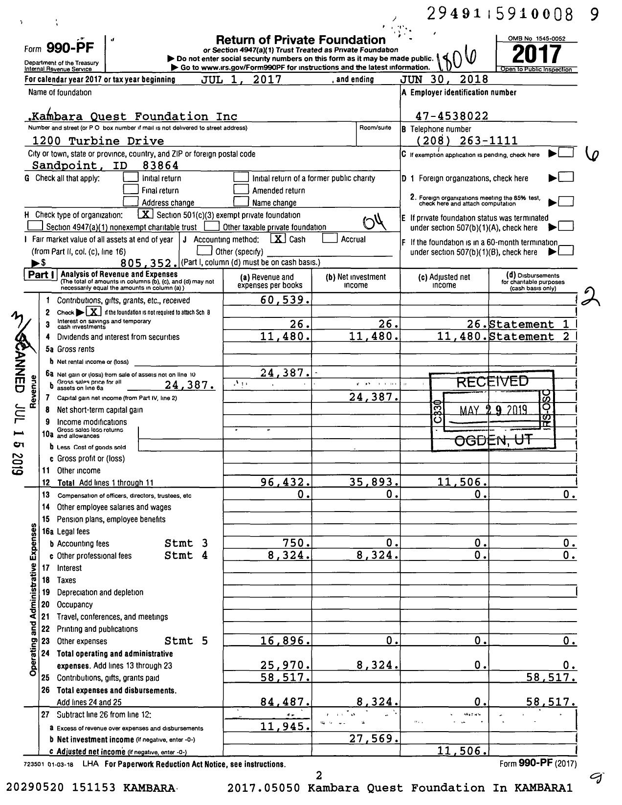 Image of first page of 2017 Form 990PF for Blue Skies Foundation / Kambara Quest Foundation