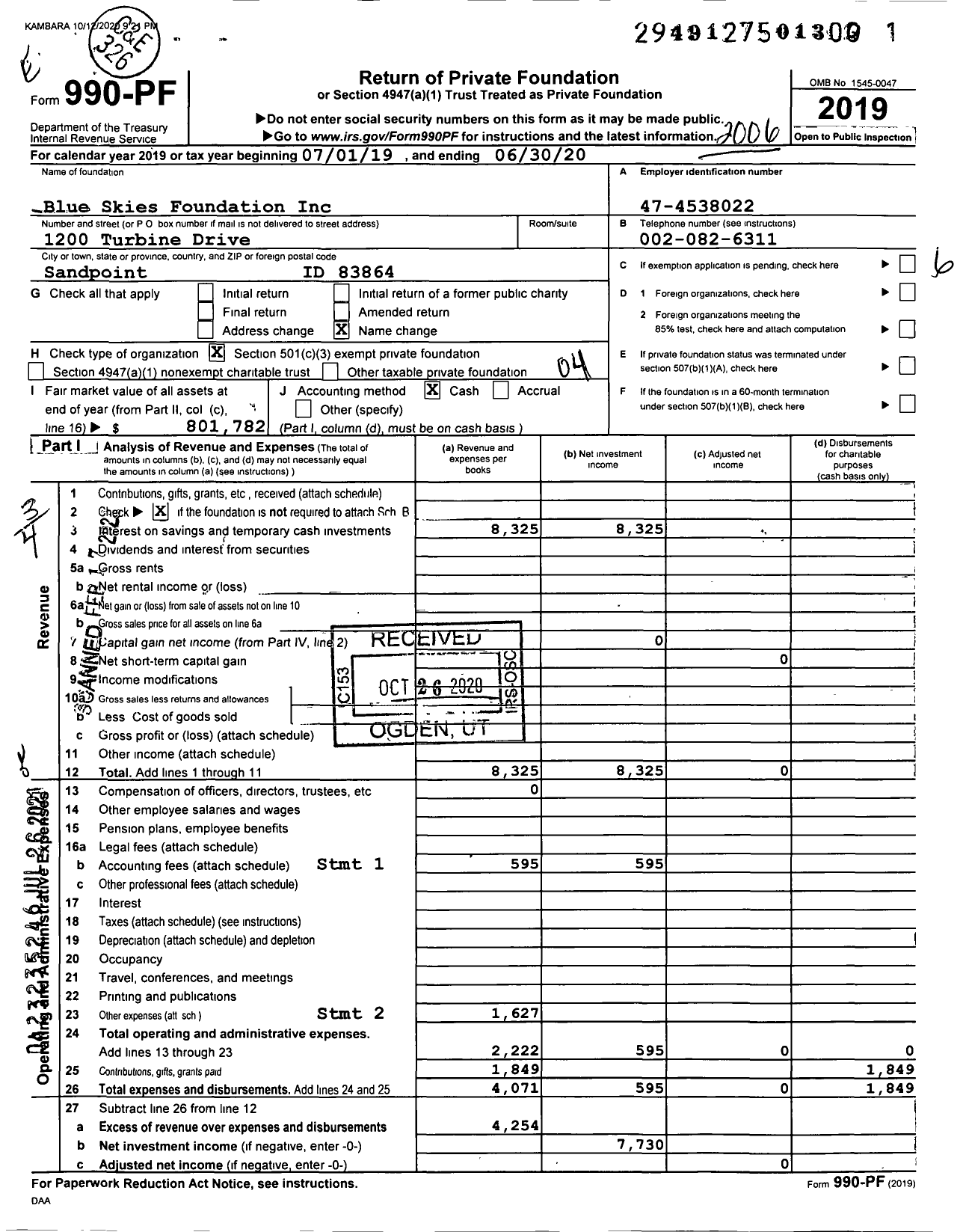 Image of first page of 2019 Form 990PF for Blue Skies Foundation / Kambara Quest Foundation