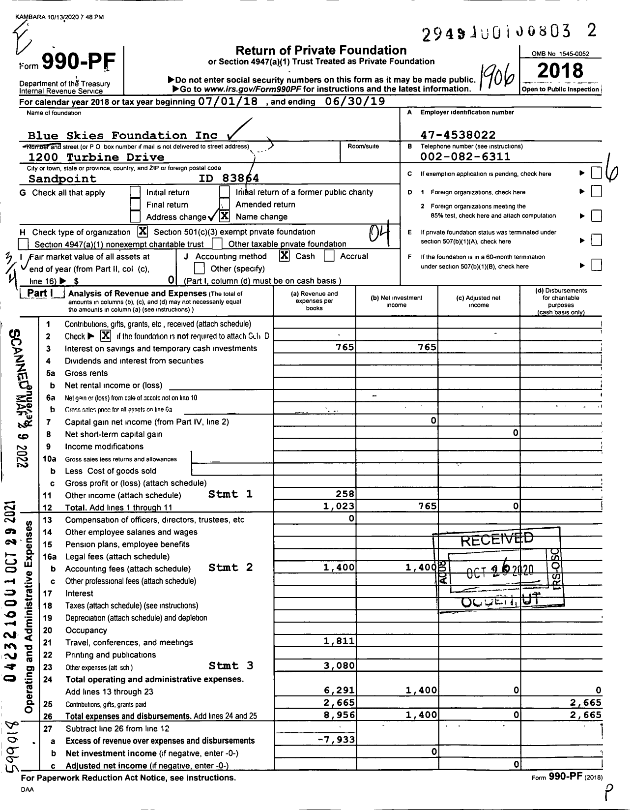 Image of first page of 2018 Form 990PF for Blue Skies Foundation / Kambara Quest Foundation