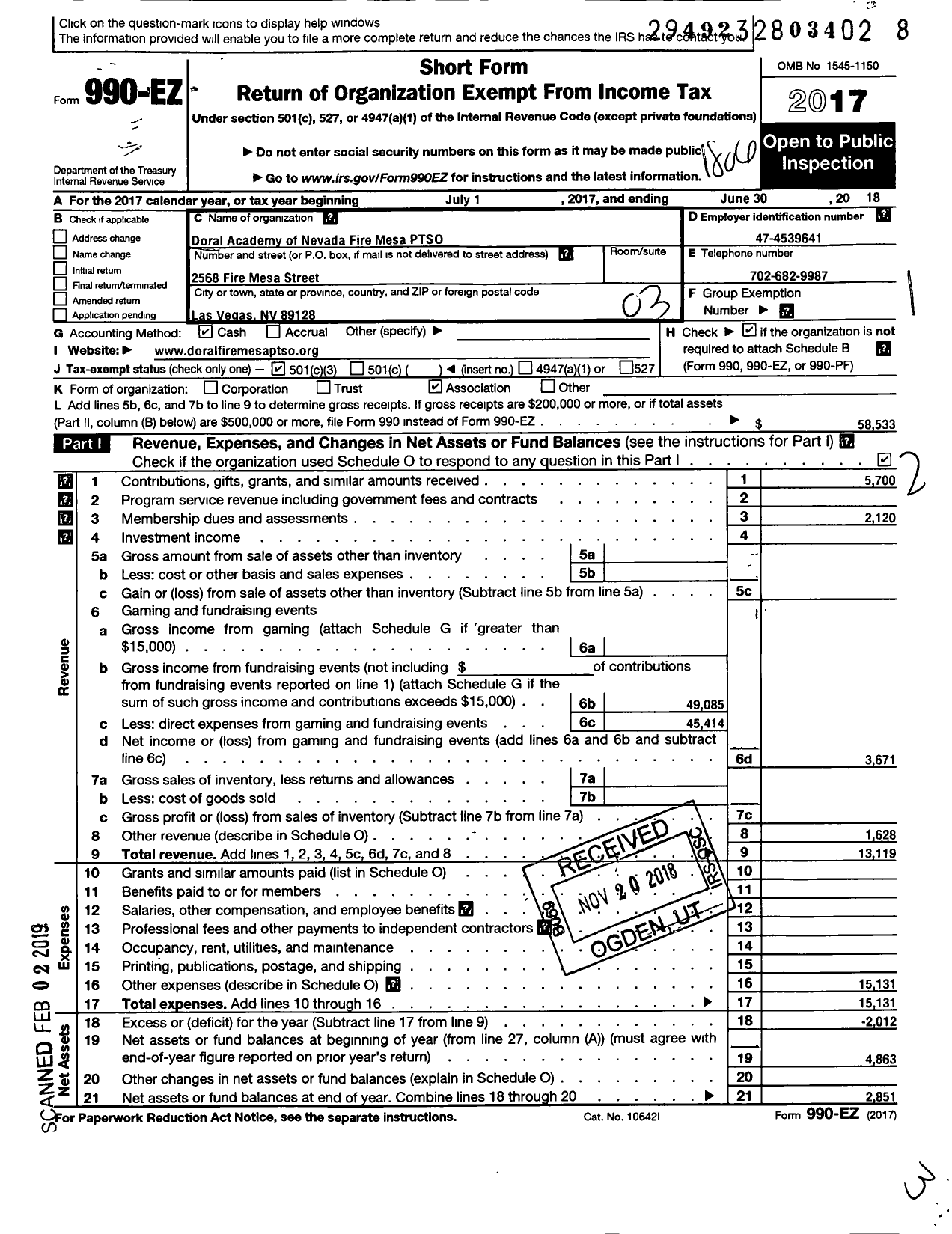 Image of first page of 2017 Form 990EZ for Doral Academy of Nevada Fire Mesa Ptso