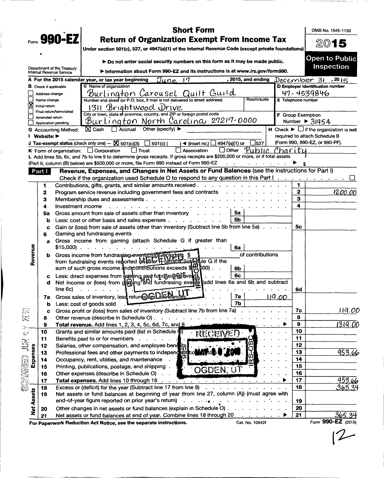 Image of first page of 2015 Form 990EZ for Burlington Carousel Quilt Guild