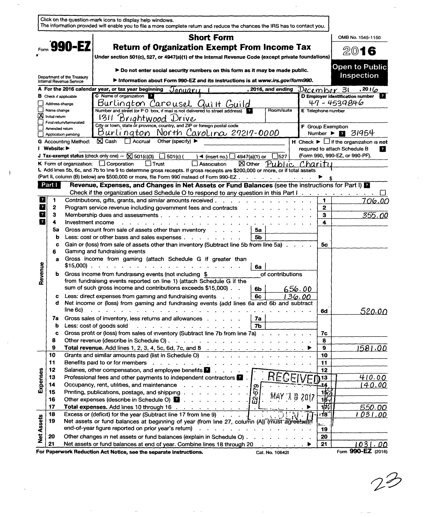 Image of first page of 2016 Form 990EZ for Burlington Carousel Quilt Guild