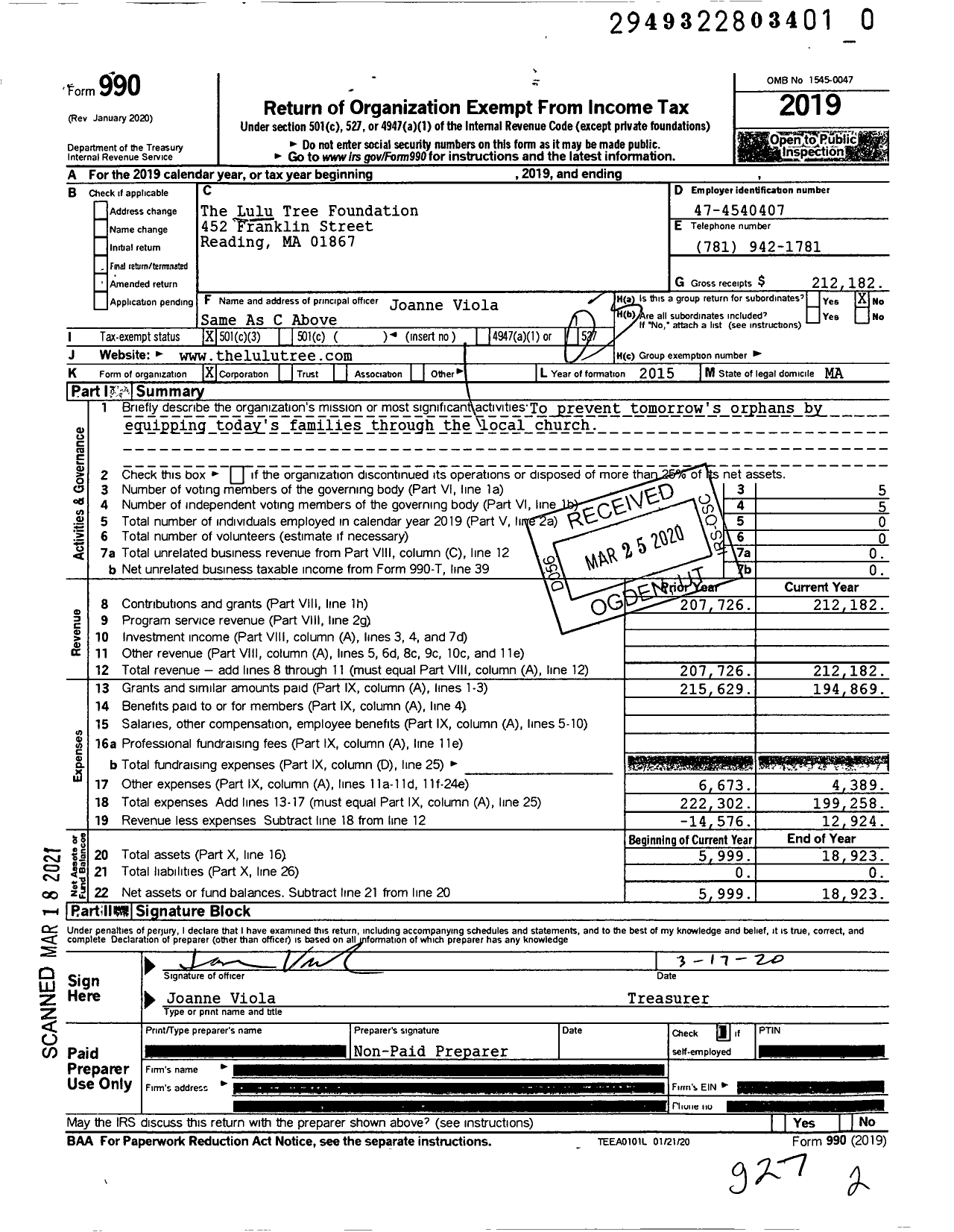 Image of first page of 2019 Form 990 for The Lulu Tree Foundation