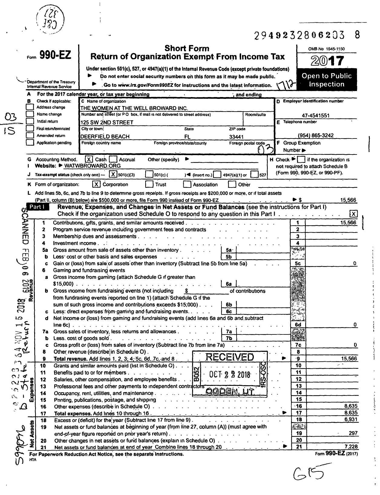 Image of first page of 2017 Form 990EZ for Women at the Well - Broward