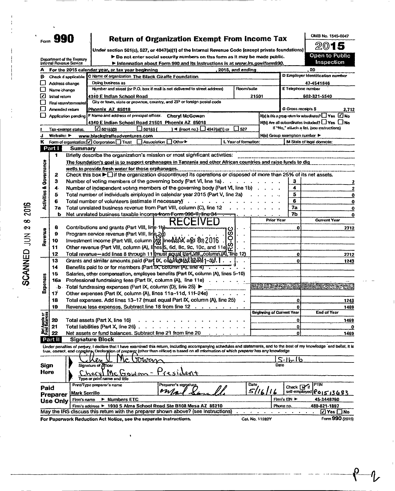 Image of first page of 2015 Form 990 for Black Giraffe Foundation
