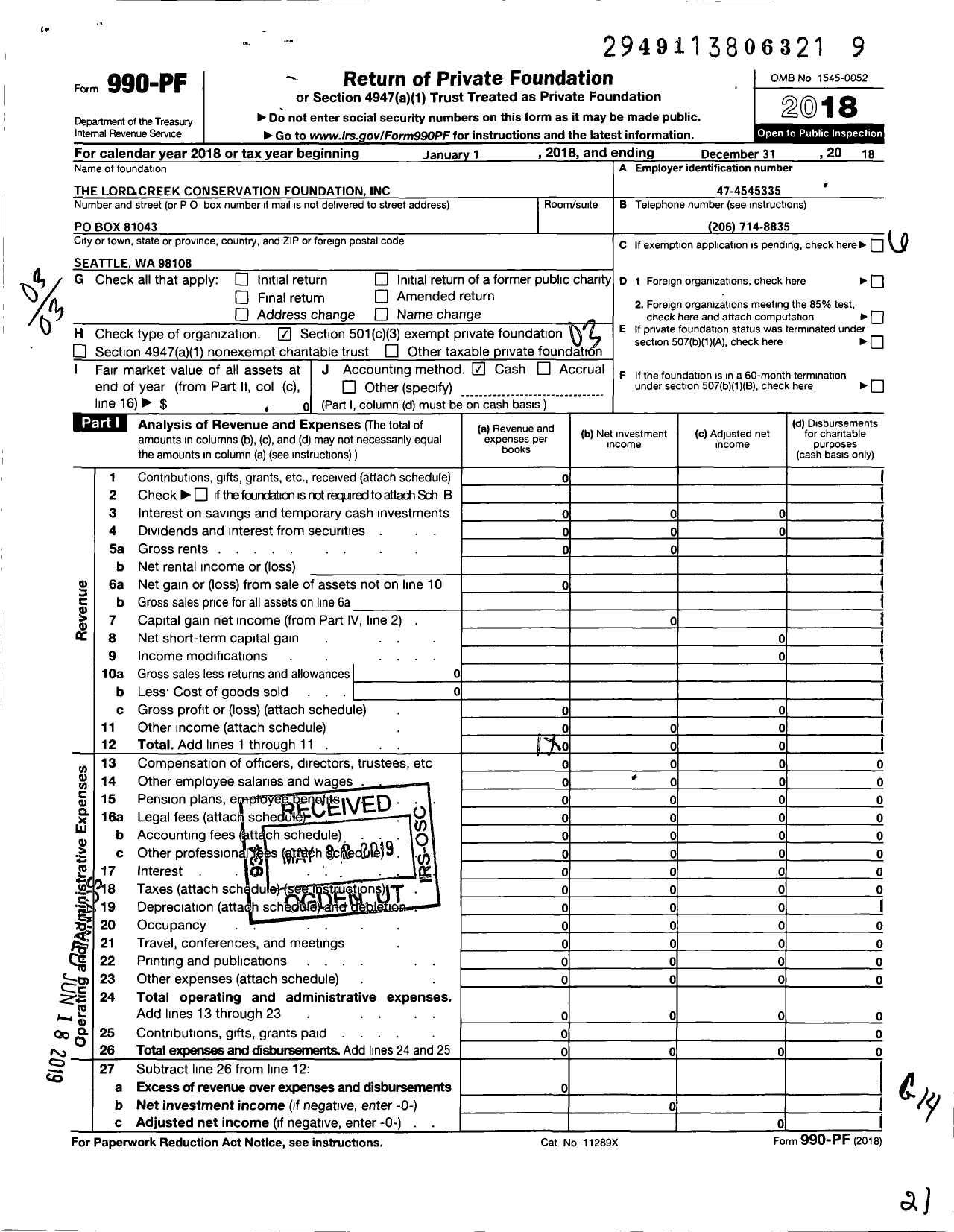 Image of first page of 2018 Form 990PF for The Lord Creek Conservation Foundation