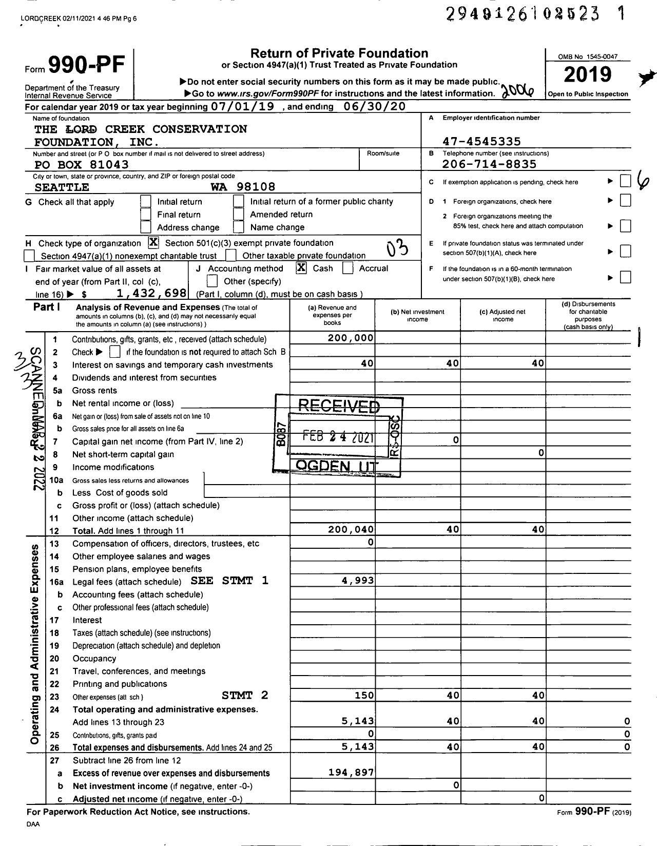 Image of first page of 2019 Form 990PF for The Lord Creek Conservation Foundation