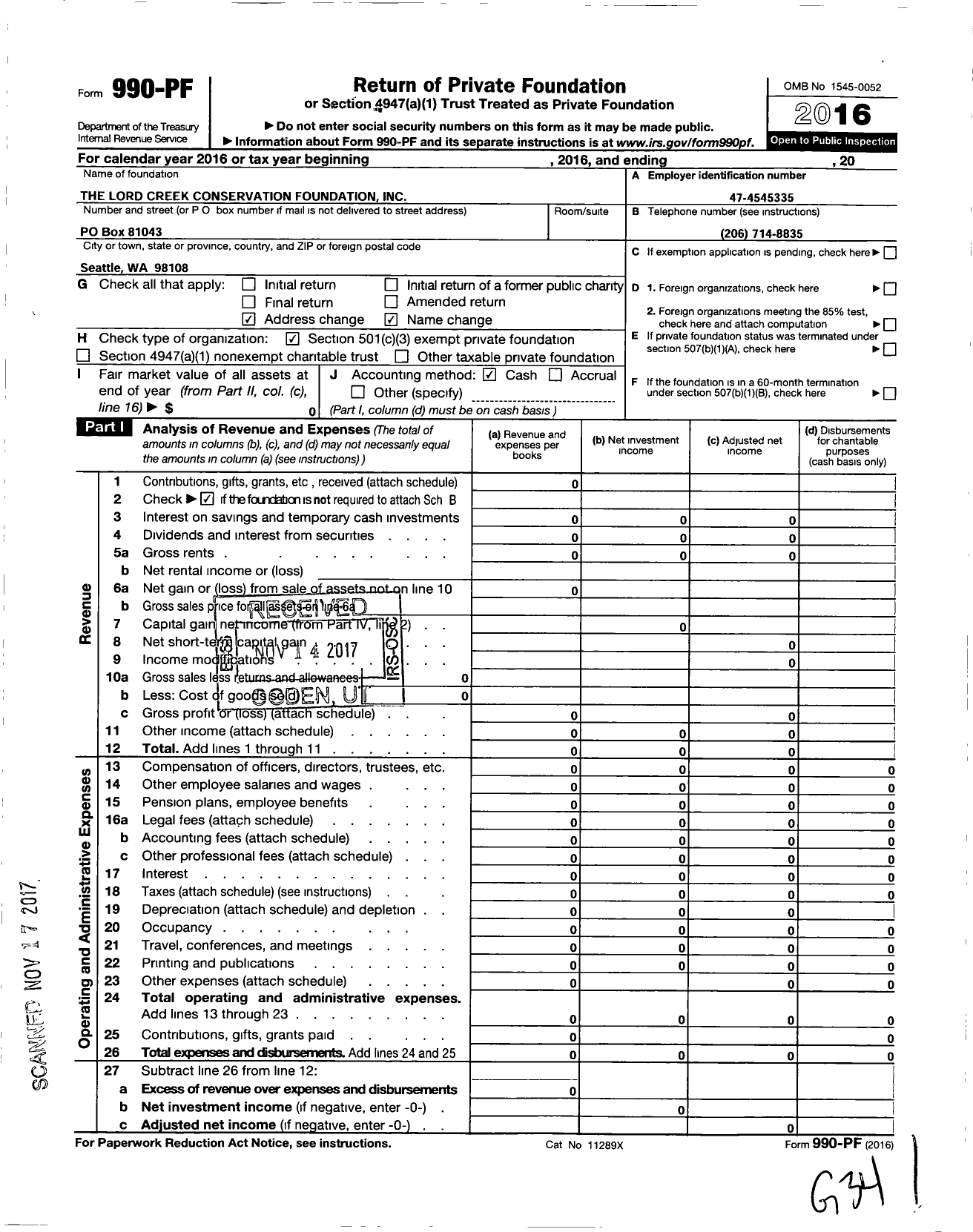 Image of first page of 2016 Form 990PF for The Lord Creek Conservation Foundation