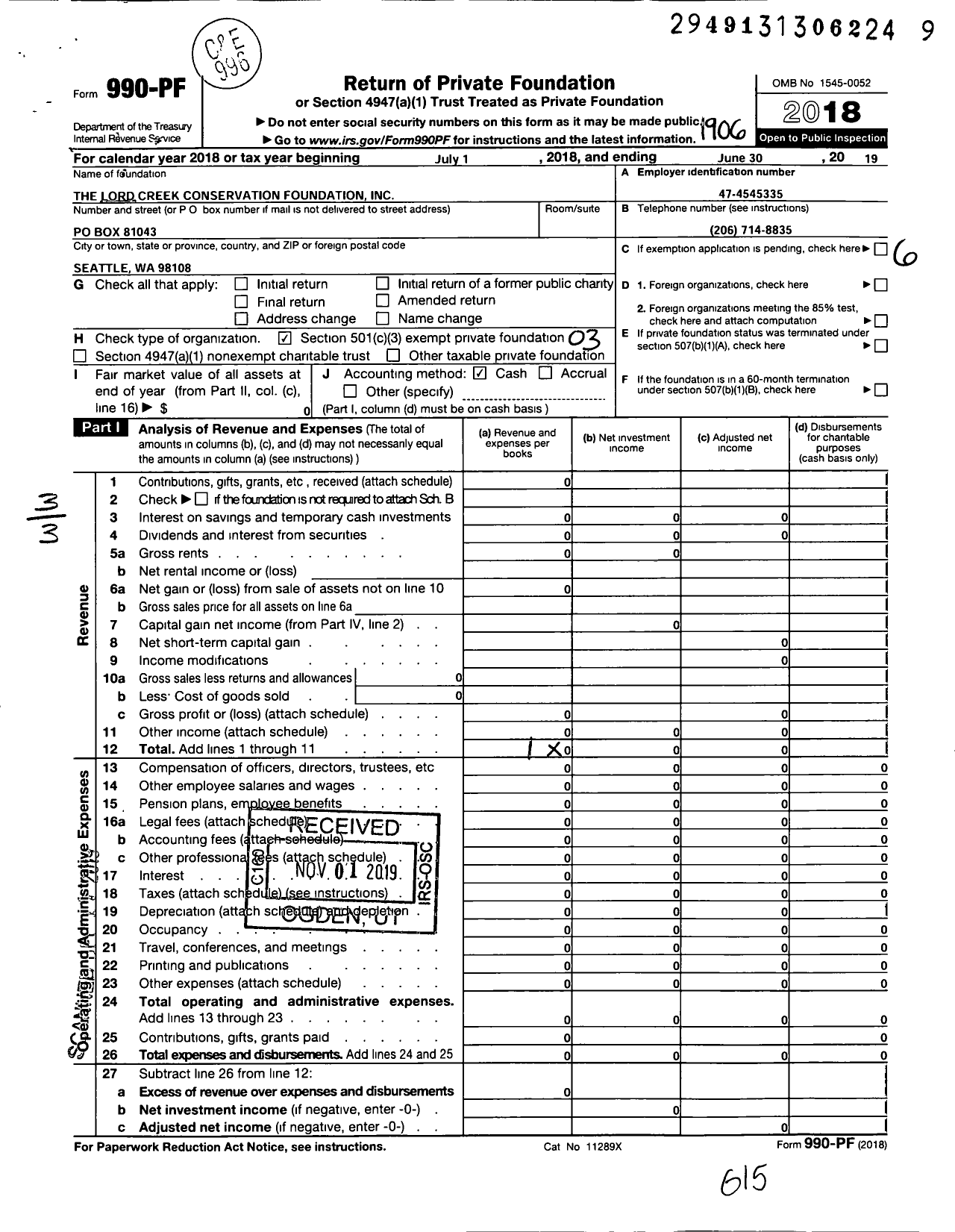 Image of first page of 2018 Form 990PF for The Lord Creek Conservation Foundation