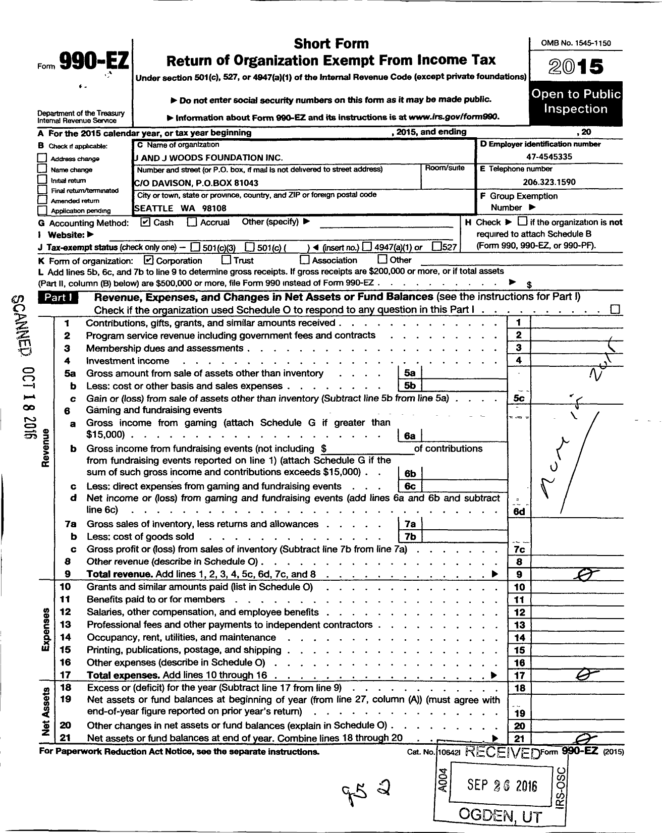 Image of first page of 2015 Form 990EO for The Lord Creek Conservation Foundation