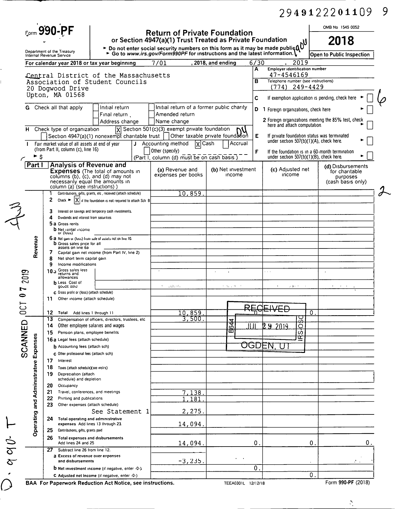 Image of first page of 2018 Form 990PF for Central District of the Massachusetts Association of the Student Councils