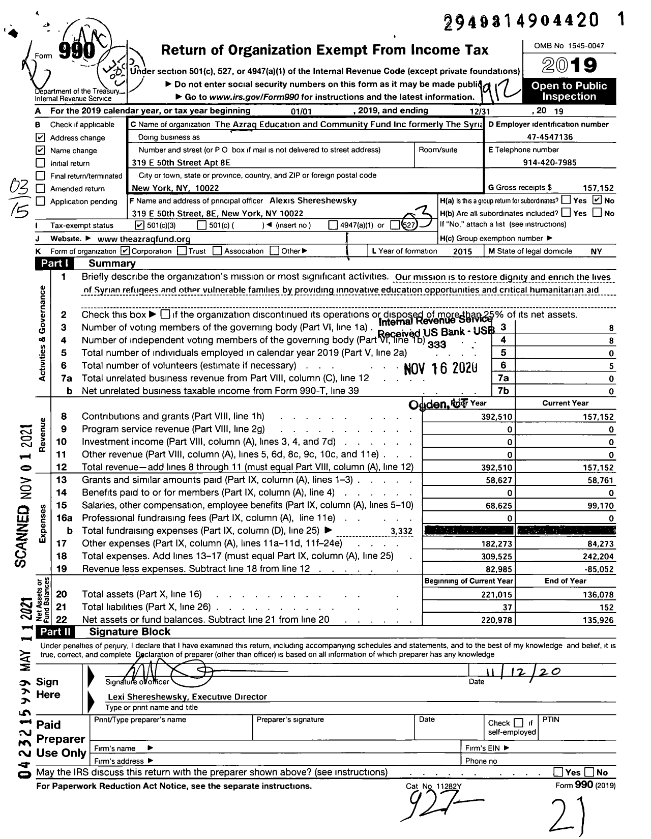 Image of first page of 2019 Form 990 for The Azraq Education and Community Fund