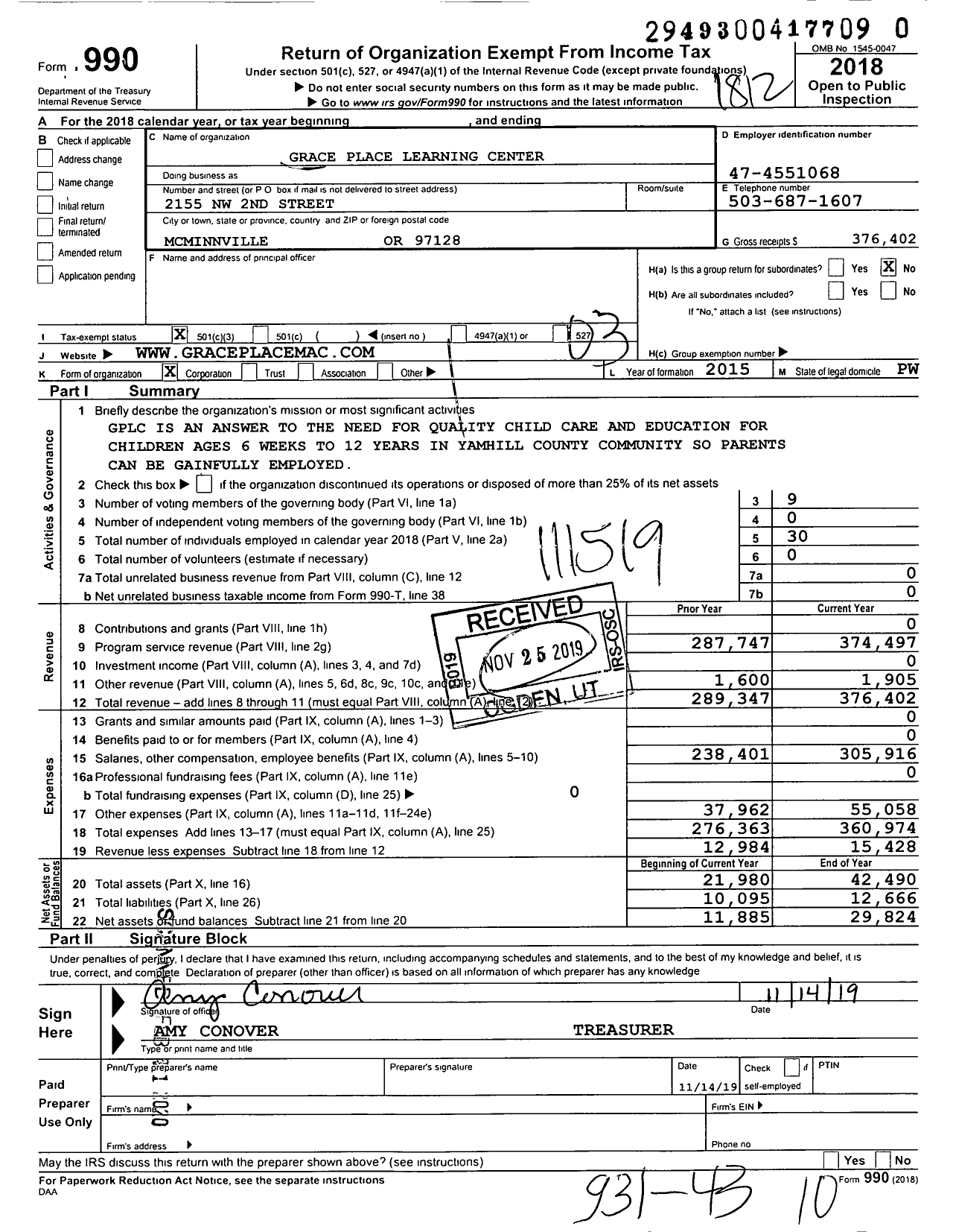 Image of first page of 2018 Form 990 for Grace Place Learning Center
