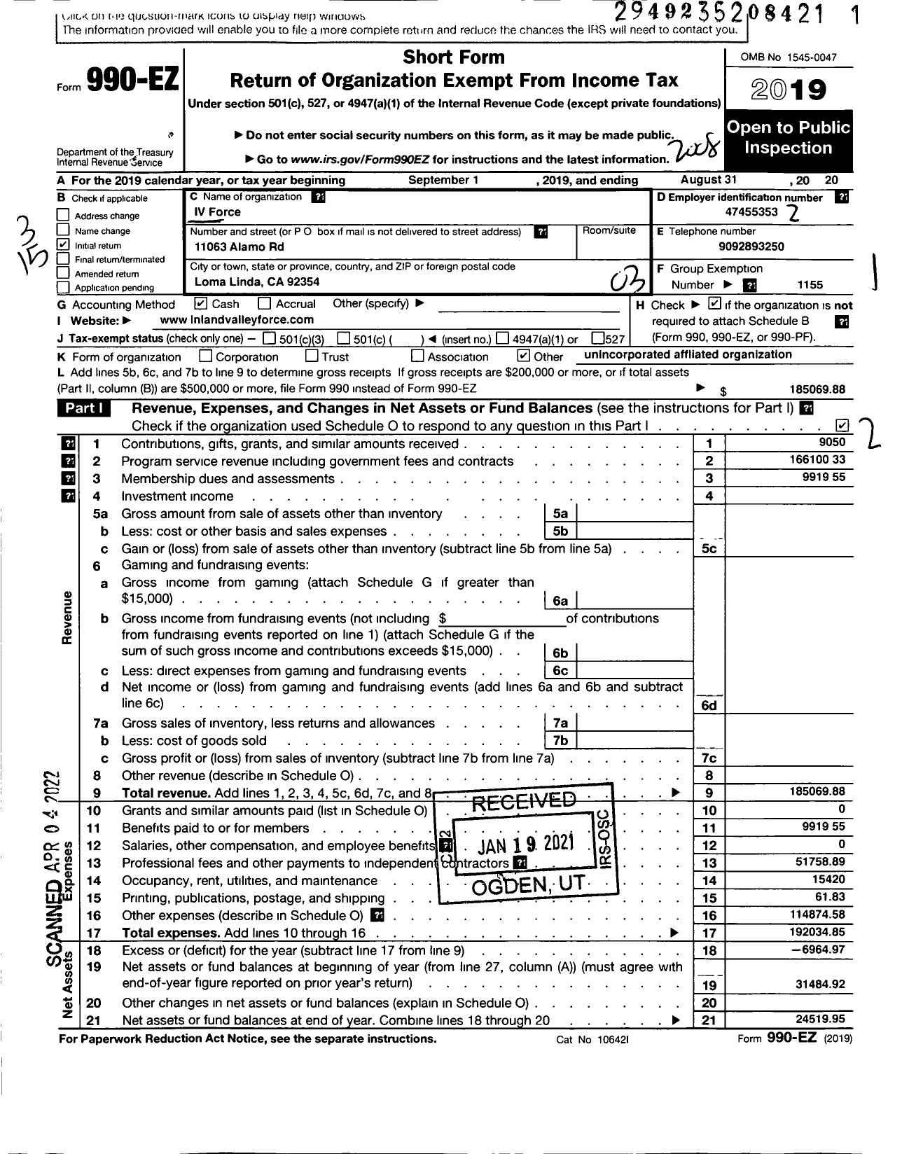 Image of first page of 2019 Form 990EZ for AMATEUR ATHLETIC UNION - IV Force