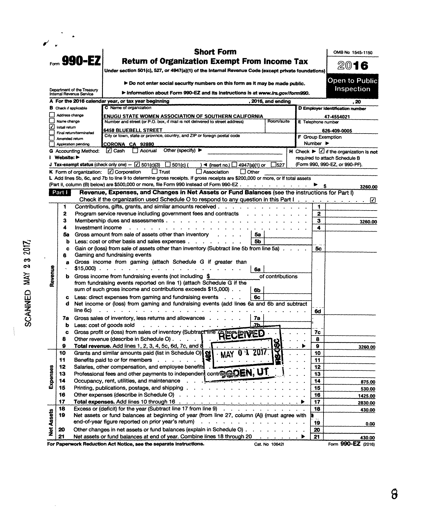 Image of first page of 2016 Form 990EZ for Enugu State Women Association of Southern California