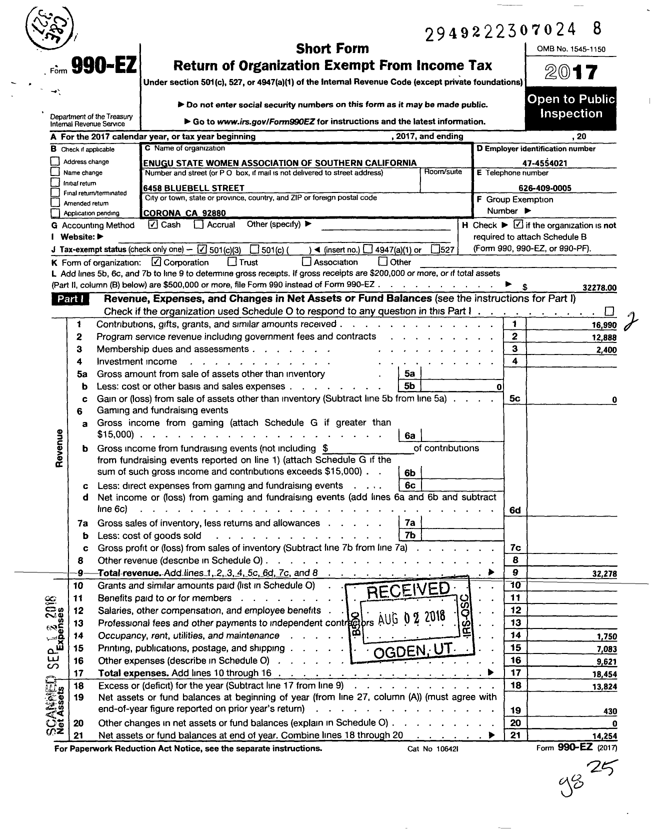 Image of first page of 2017 Form 990EZ for Enugu State Women Association of Southern California