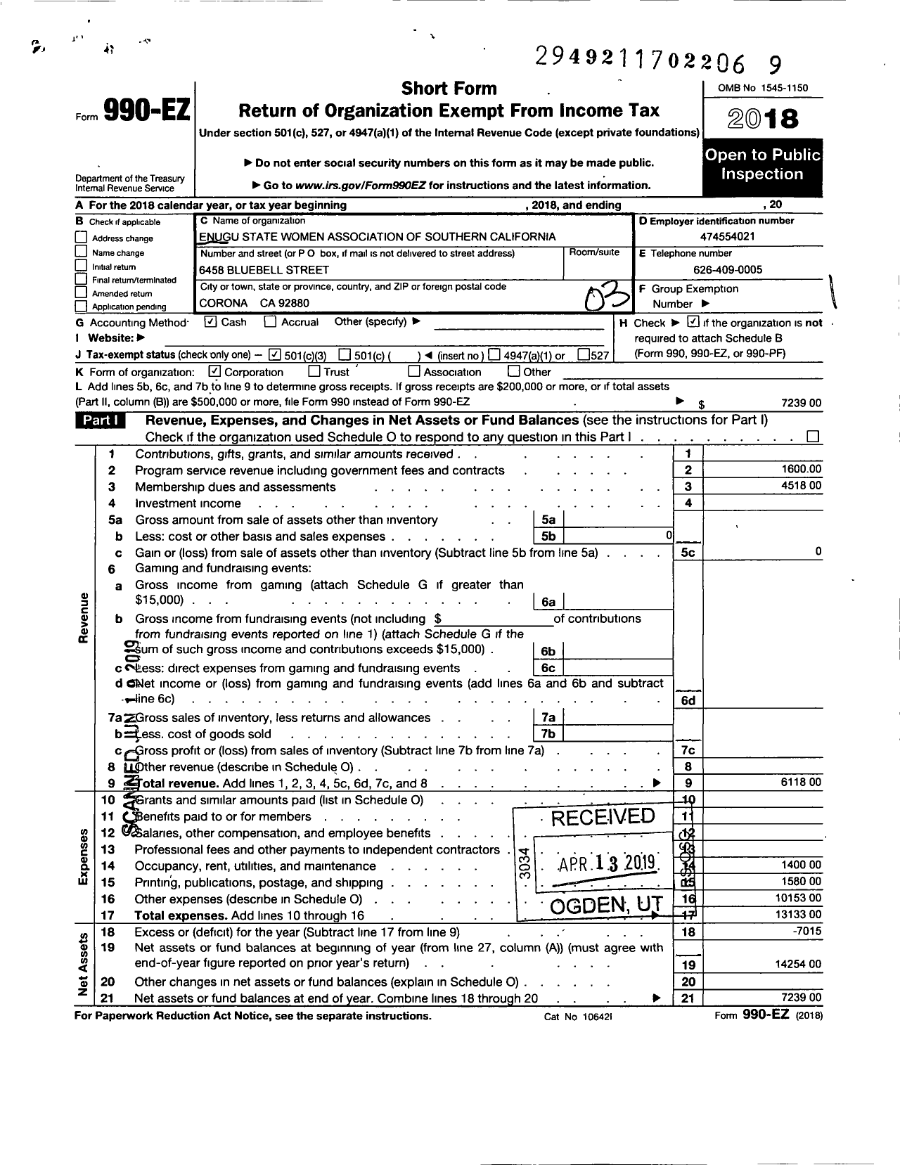 Image of first page of 2018 Form 990EZ for Enugu State Women Association of Southern California