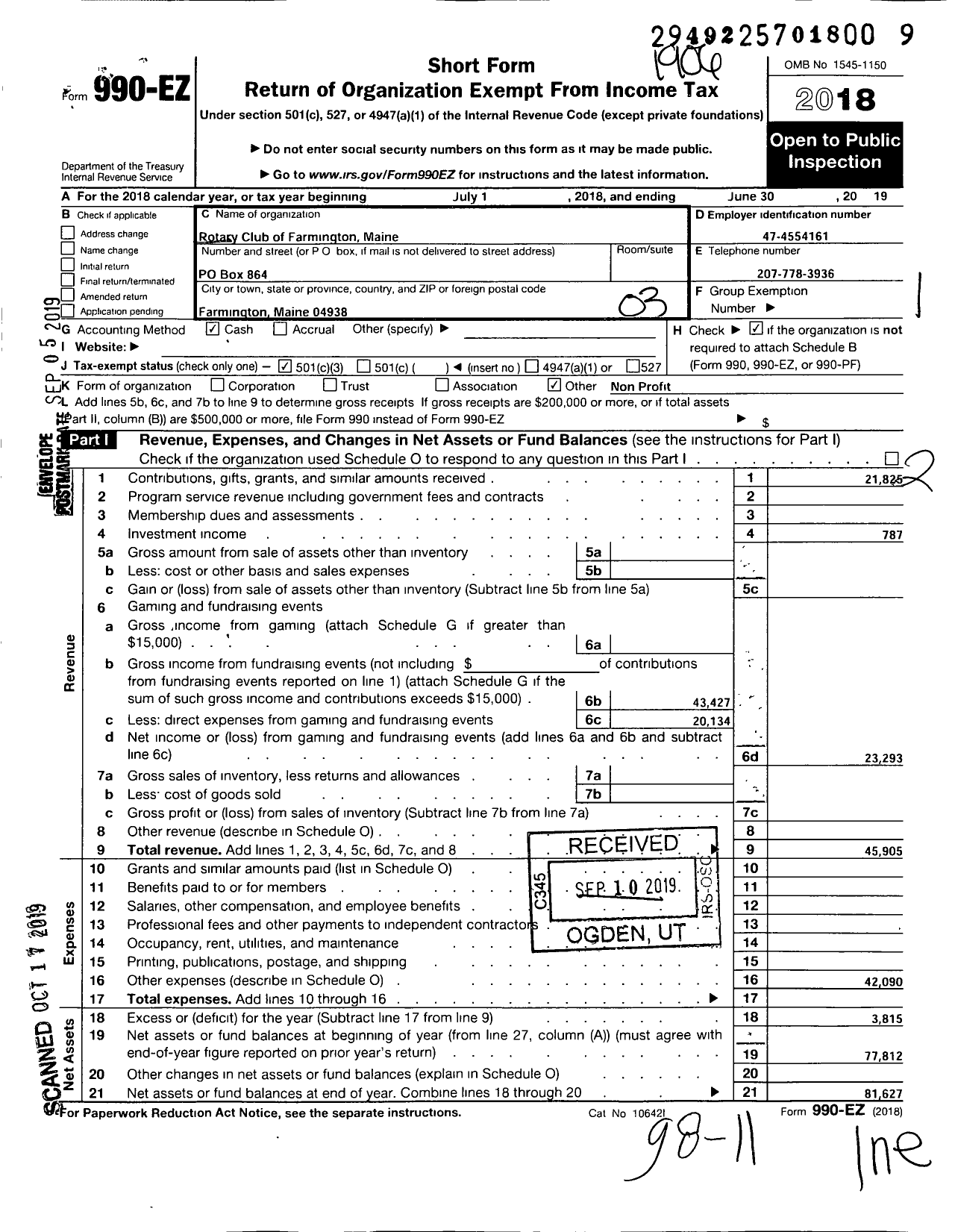 Image of first page of 2018 Form 990EZ for Rotary Club of Farmington Maine Charitable Foundation