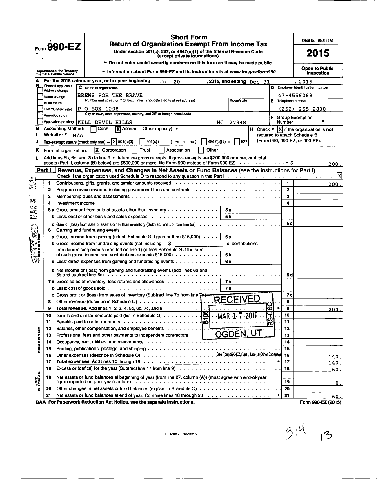 Image of first page of 2015 Form 990EZ for Brews for the Brave