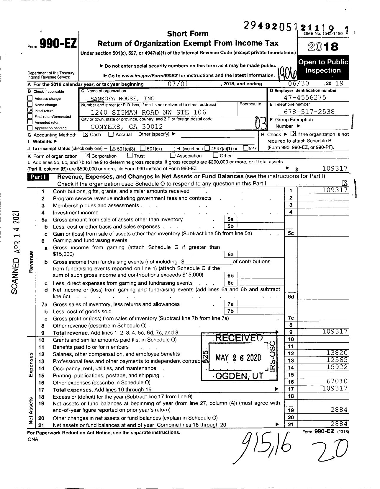 Image of first page of 2018 Form 990EZ for Sankofa House