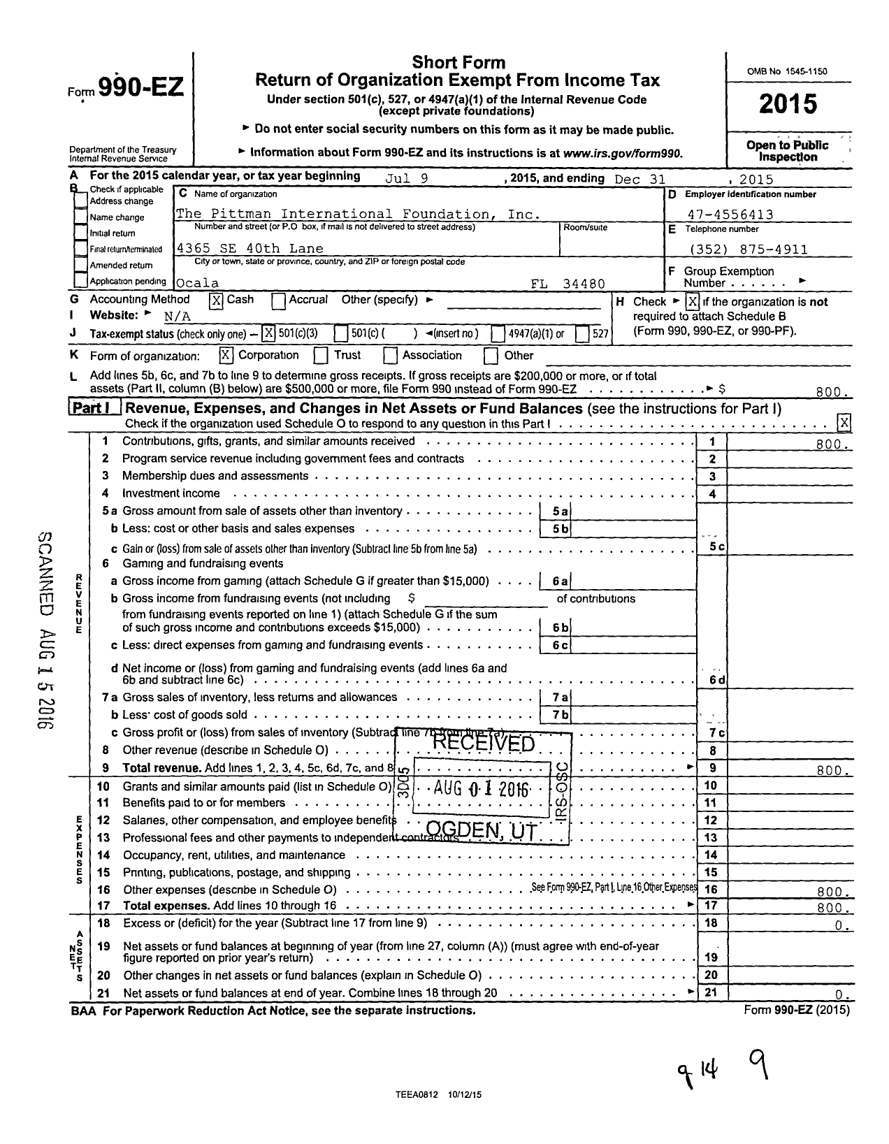 Image of first page of 2015 Form 990EZ for Pittman International Foundation