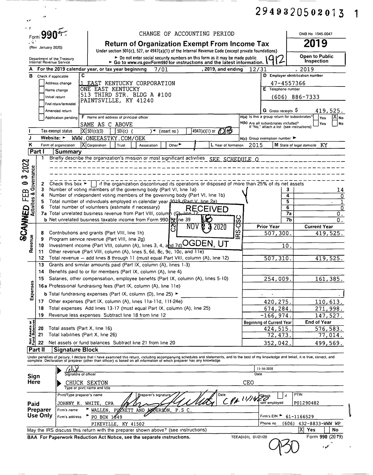 Image of first page of 2019 Form 990 for One East Kentucky Corporation One East Kentucky