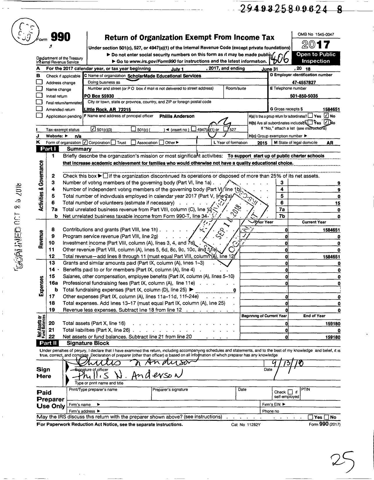 Image of first page of 2017 Form 990 for Scholarmade Educational Services