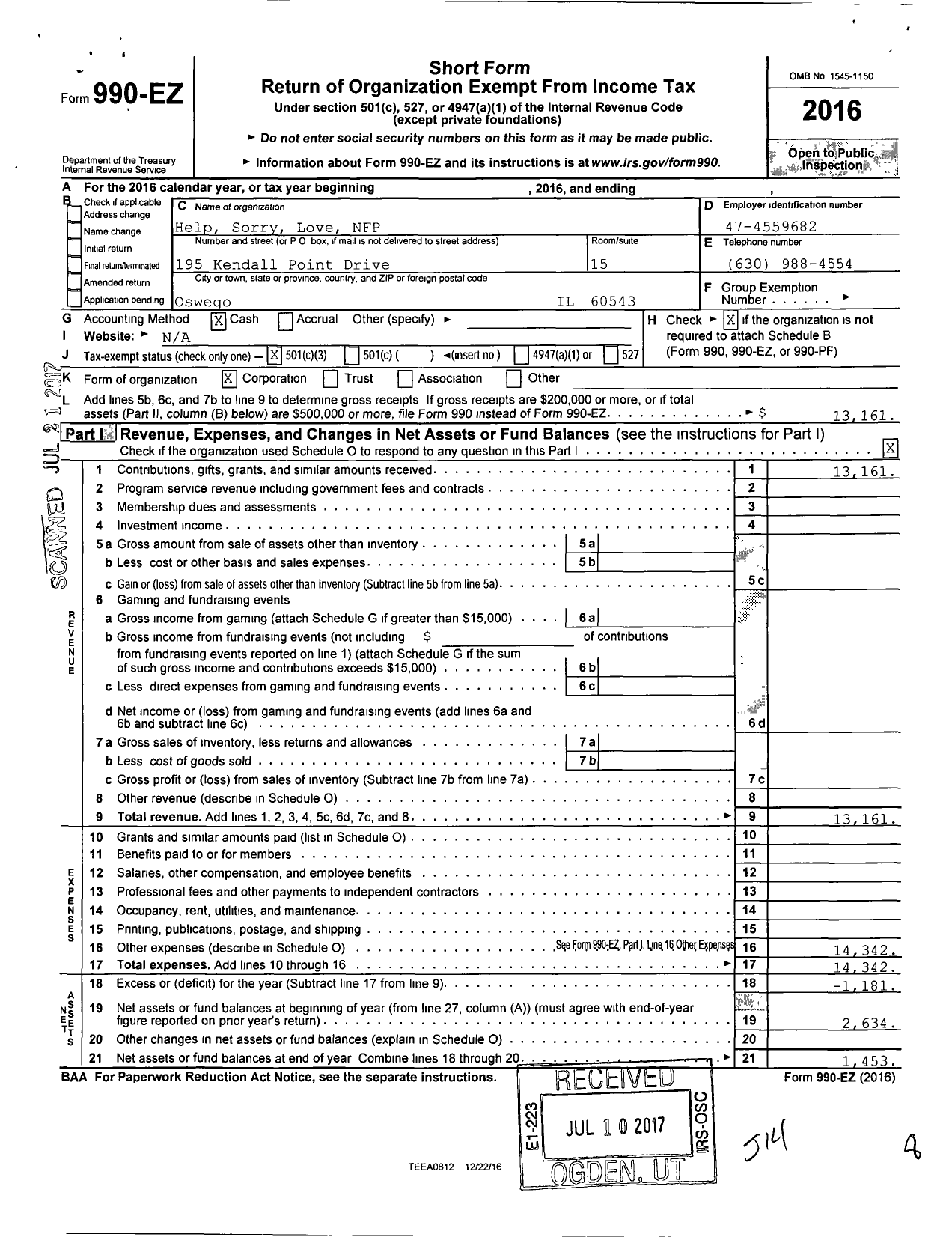 Image of first page of 2016 Form 990EZ for Help Sorry Love NFP