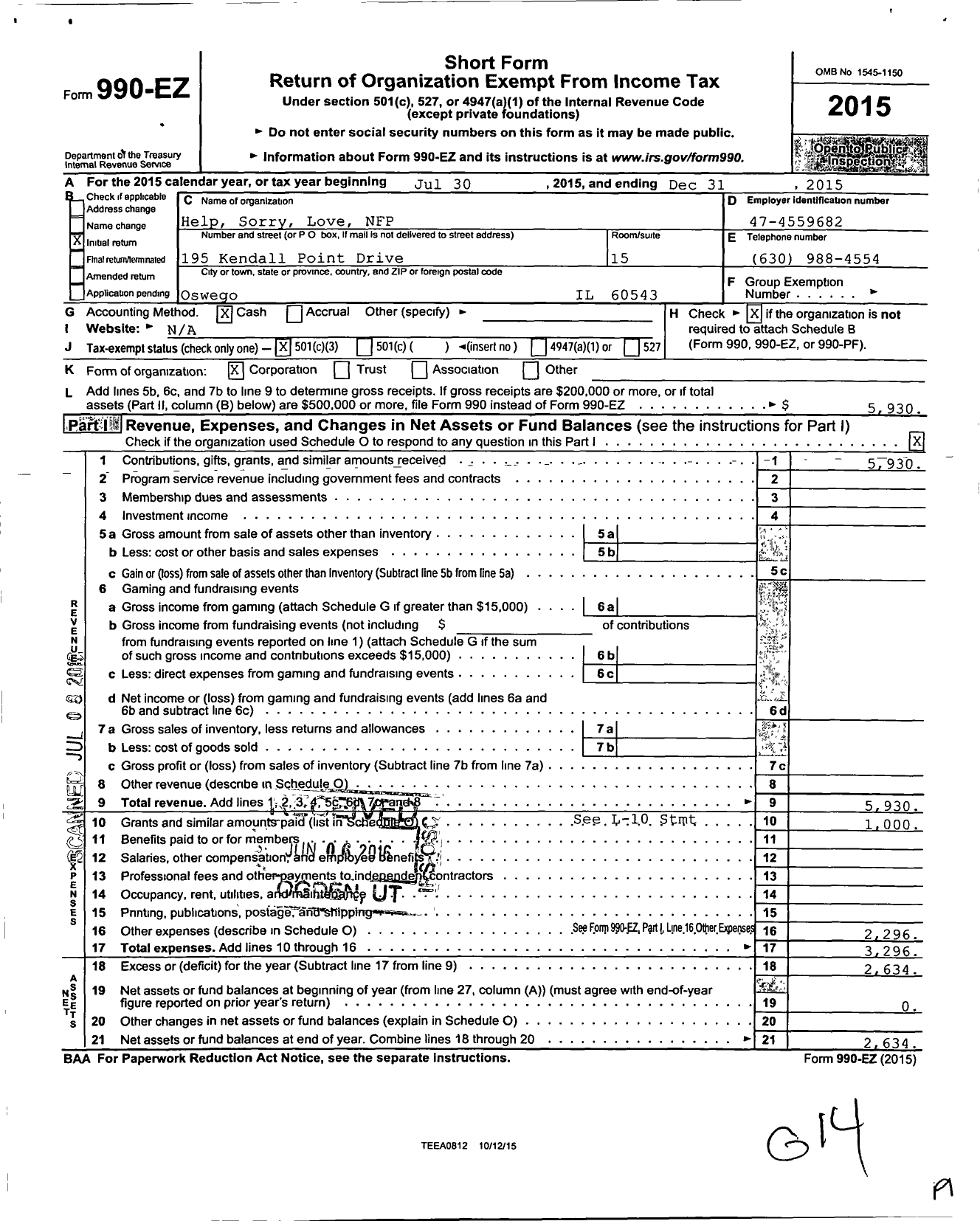 Image of first page of 2015 Form 990EZ for Help Sorry Love NFP