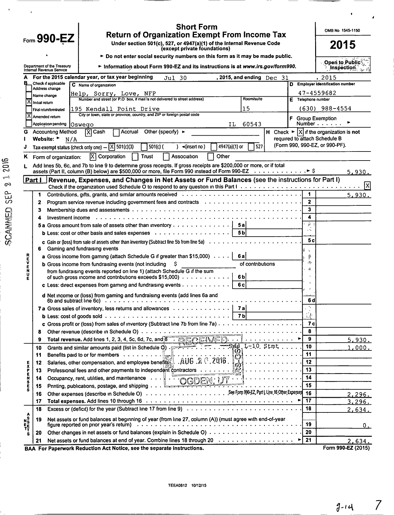 Image of first page of 2015 Form 990EZ for Help Sorry Love NFP