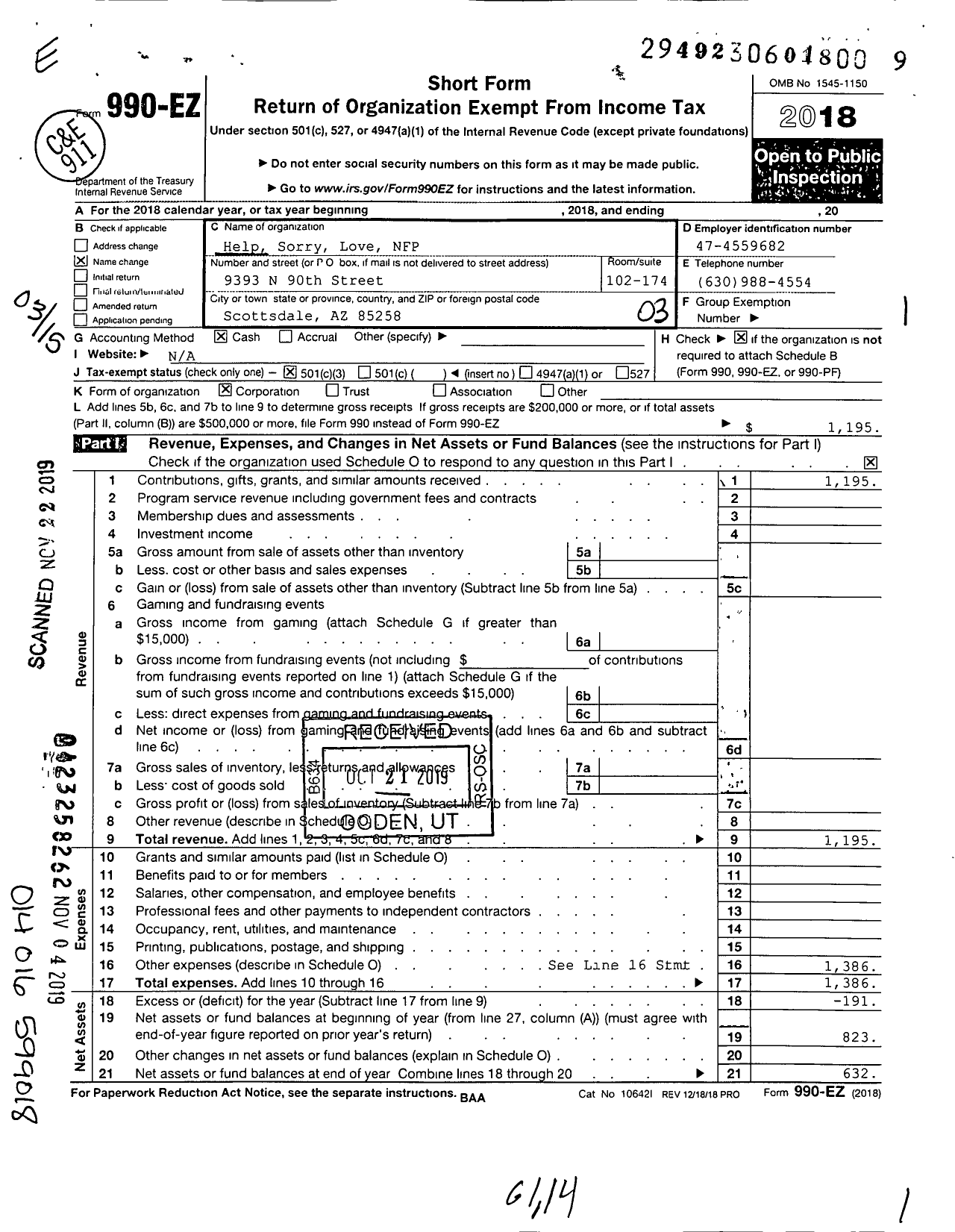 Image of first page of 2018 Form 990EZ for Help Sorry Love NFP