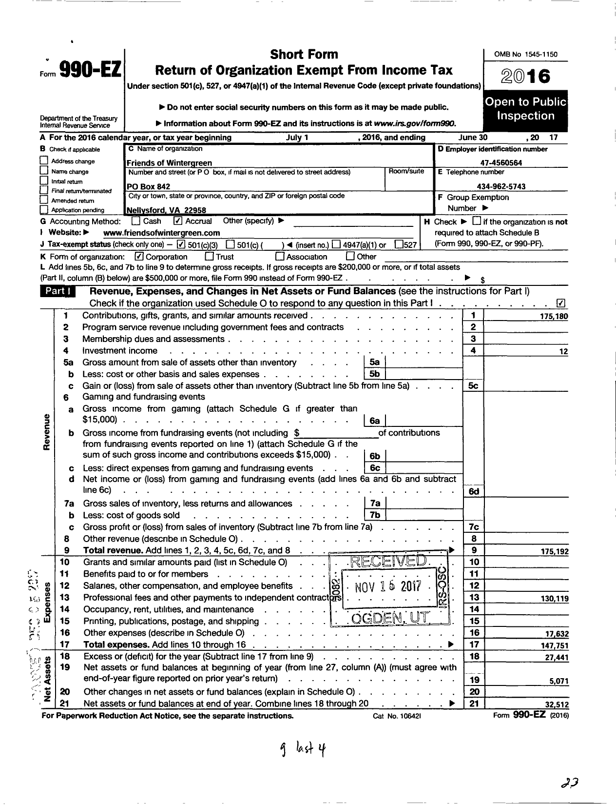 Image of first page of 2016 Form 990EZ for Wintergreen Community Foundation