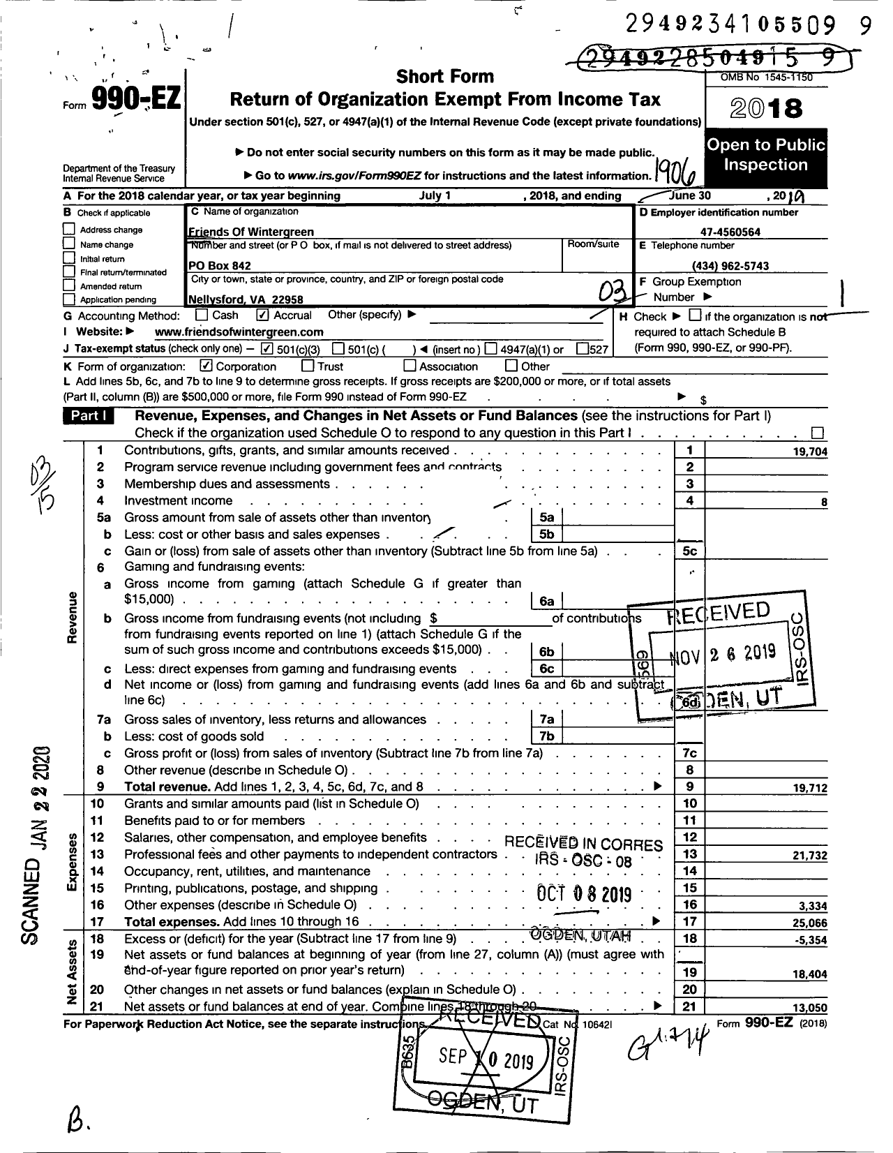 Image of first page of 2018 Form 990EZ for Wintergreen Community Foundation