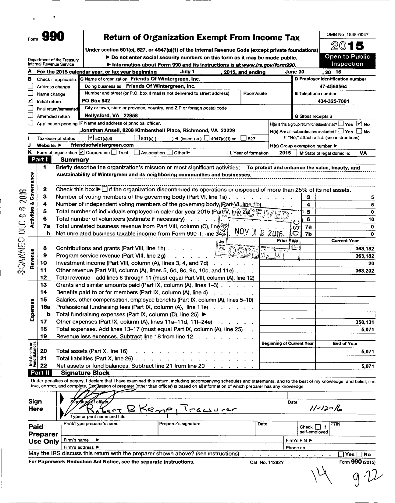 Image of first page of 2015 Form 990 for Wintergreen Community Foundation