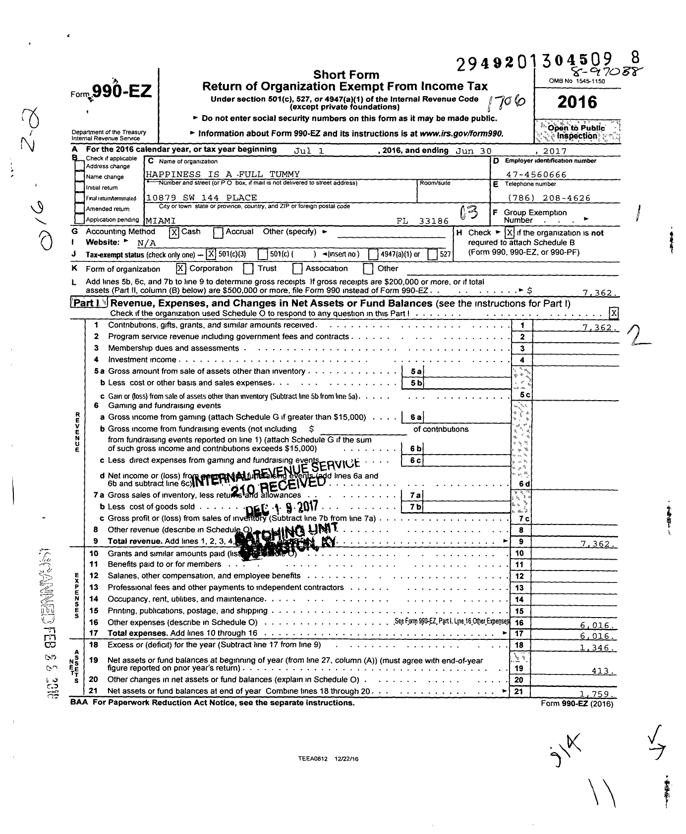 Image of first page of 2016 Form 990EZ for Happiness Is A Full Tummy