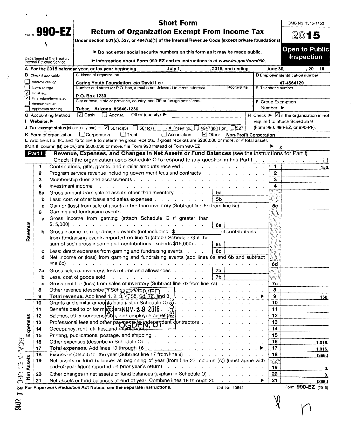 Image of first page of 2015 Form 990EZ for Caring Youth Foundation