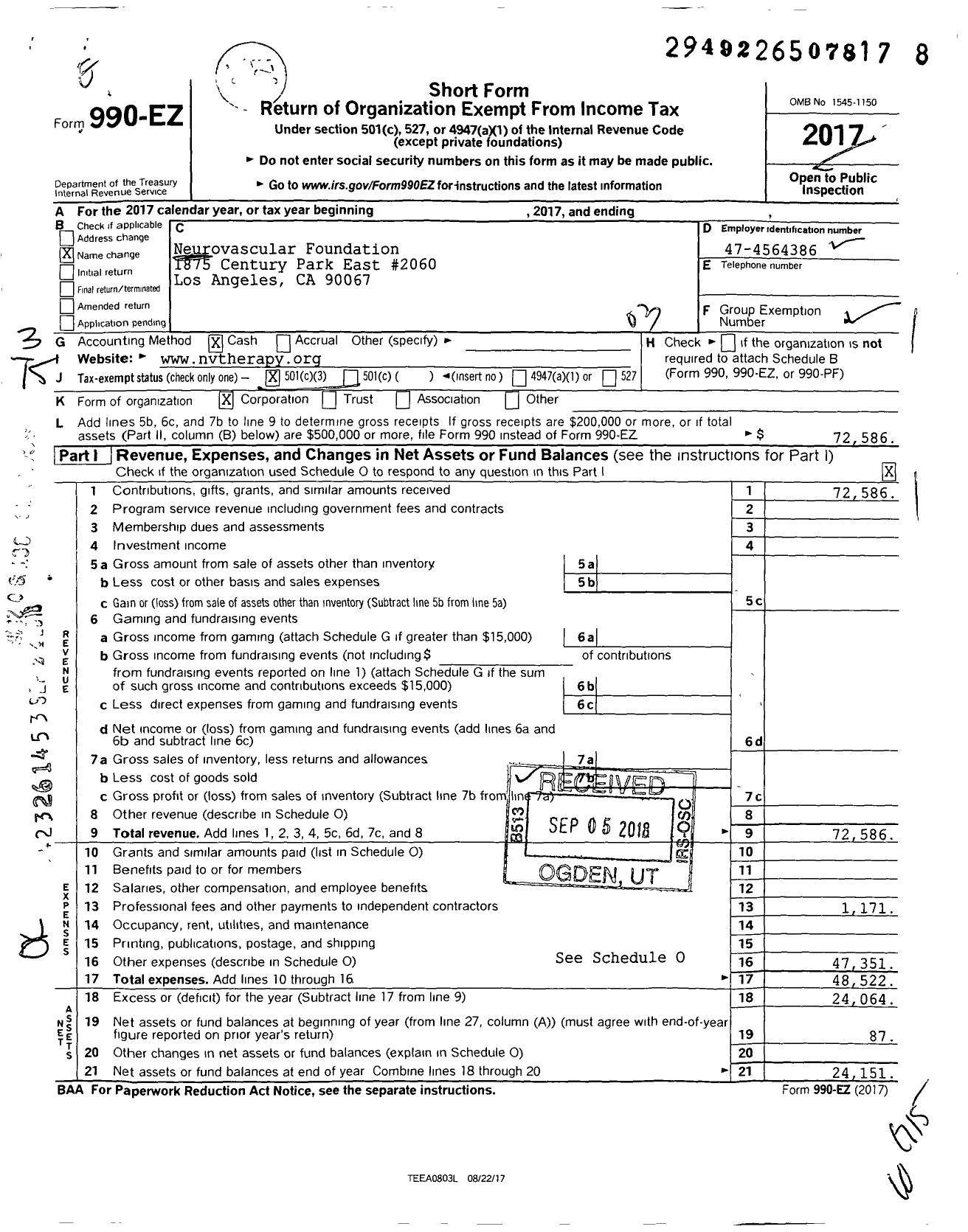 Image of first page of 2017 Form 990EZ for Neurovascular Foundation