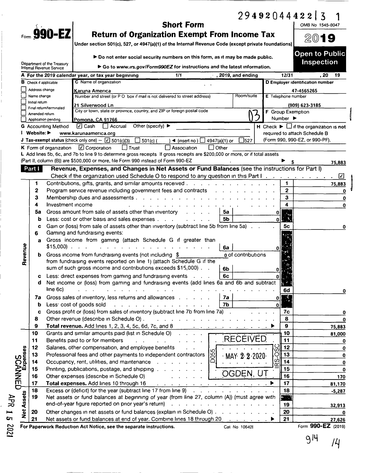 Image of first page of 2019 Form 990EZ for Karuna America