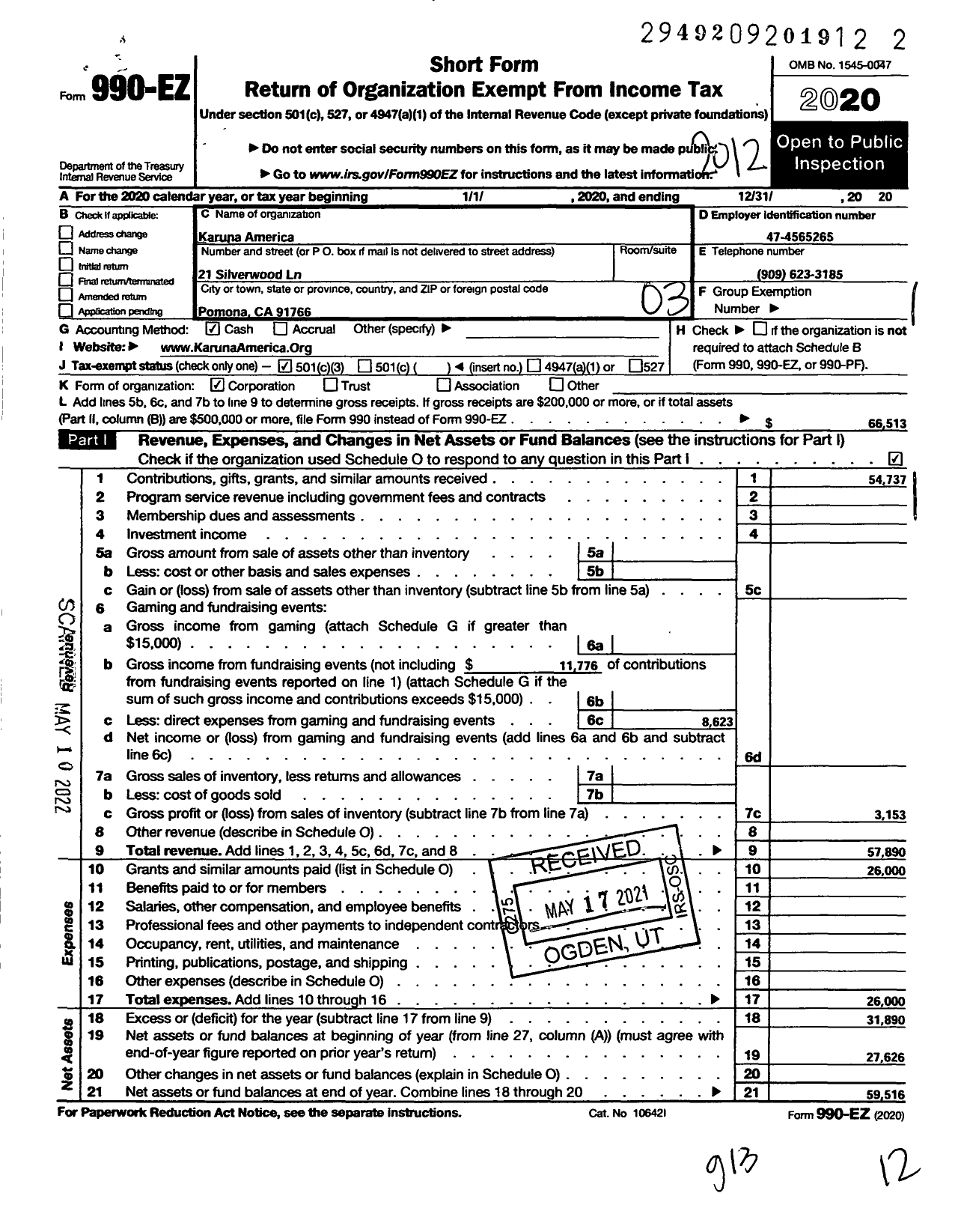 Image of first page of 2020 Form 990EZ for Karuna America