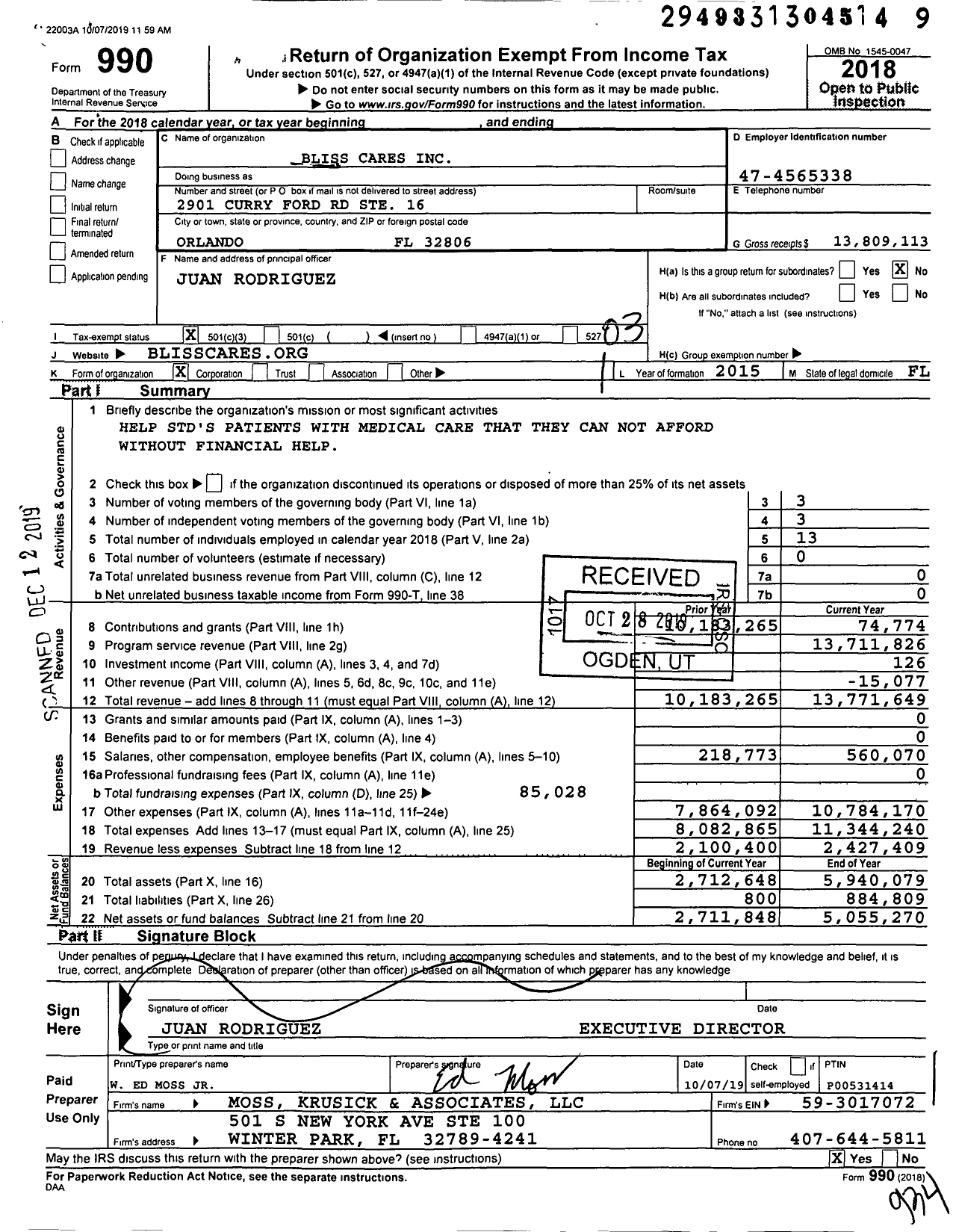 Image of first page of 2018 Form 990 for Bliss Cares
