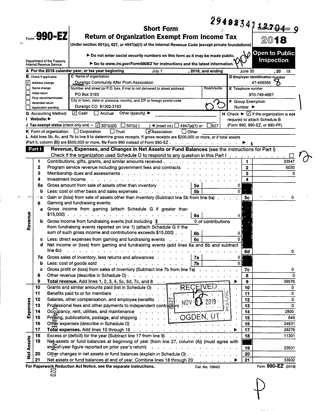 Image of first page of 2018 Form 990EZ for Durango Community After Prom Association (DCAPA)