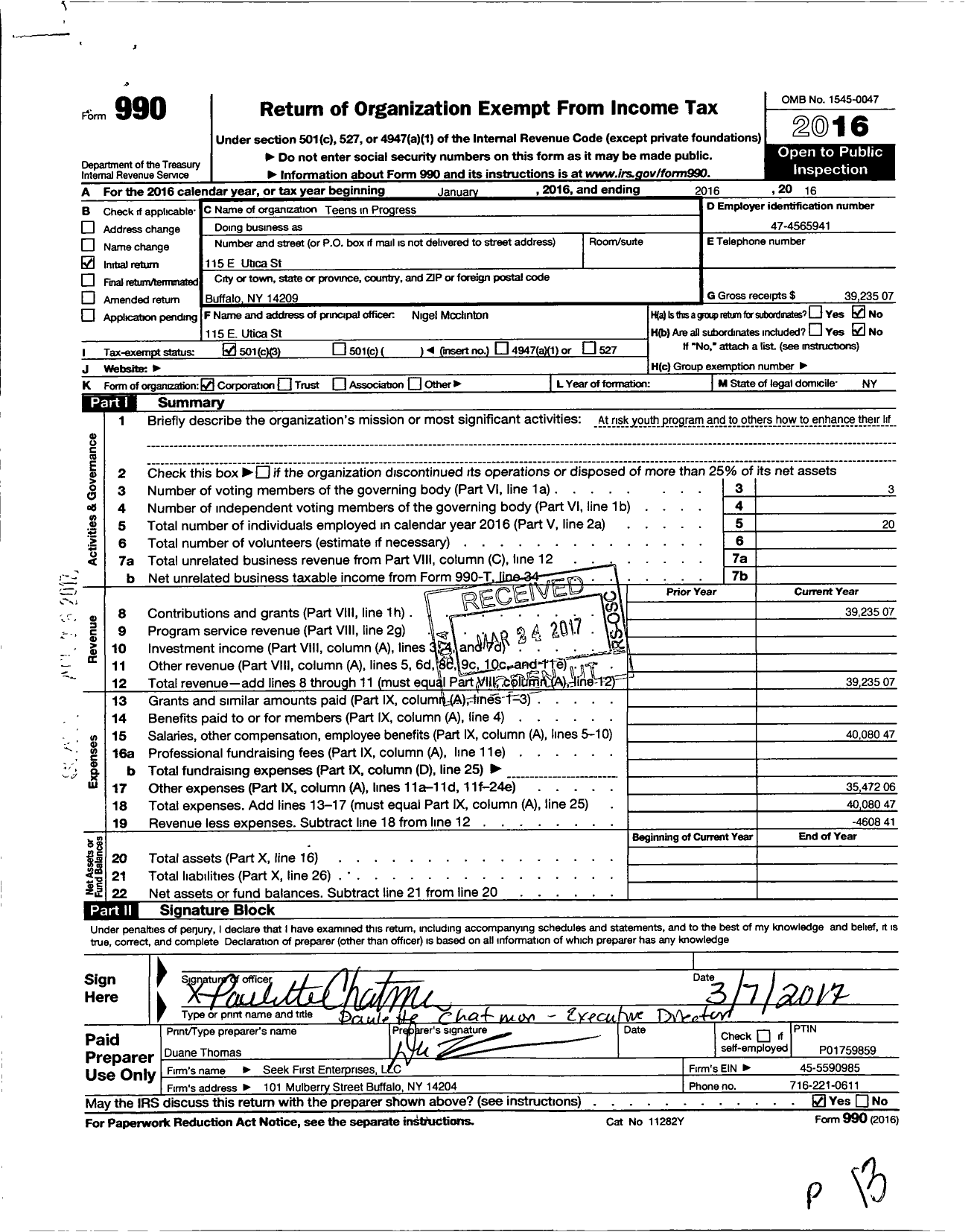 Image of first page of 2016 Form 990 for TEENS IN PROGRESs