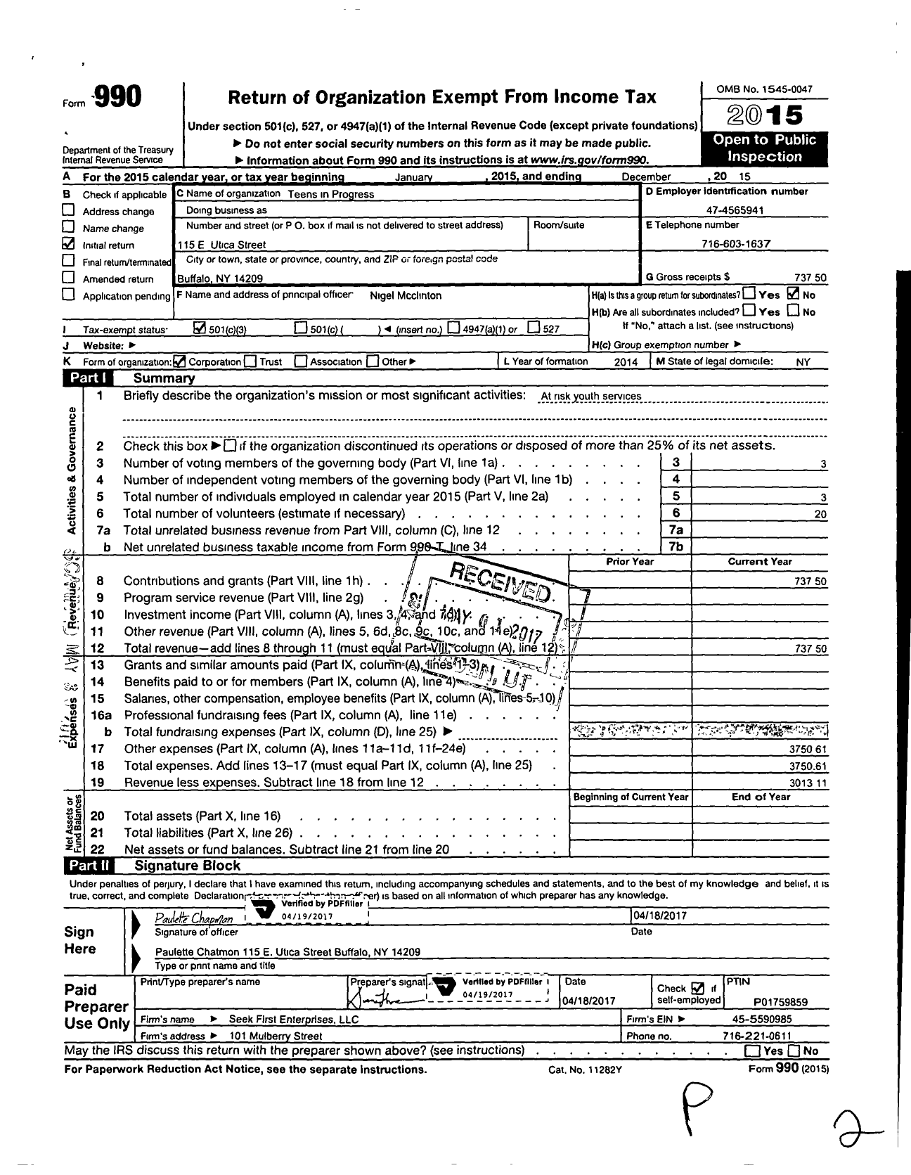 Image of first page of 2015 Form 990 for TEENS IN PROGRESs