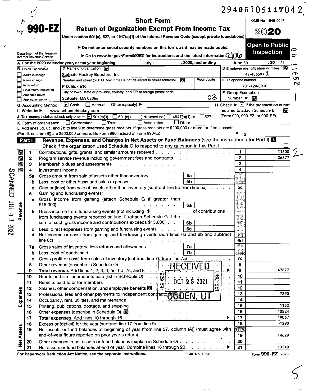 Image of first page of 2020 Form 990EZ for Scituate Hockey Boosters